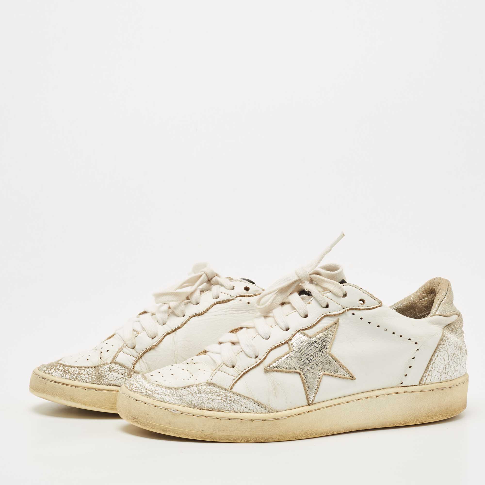 

Golden Goose White/Silver Leather Ball star Low Top Sneakers Size