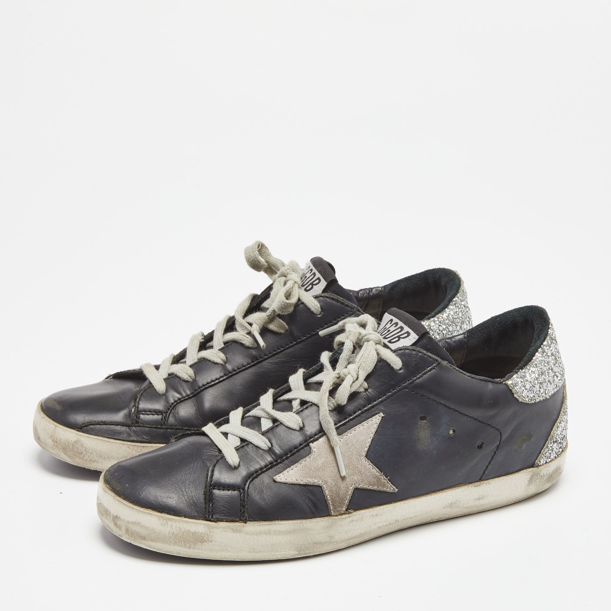 

Golden Goose Black/Silver Leather and Coarse Glitter Superstar Low Top Sneakers Size