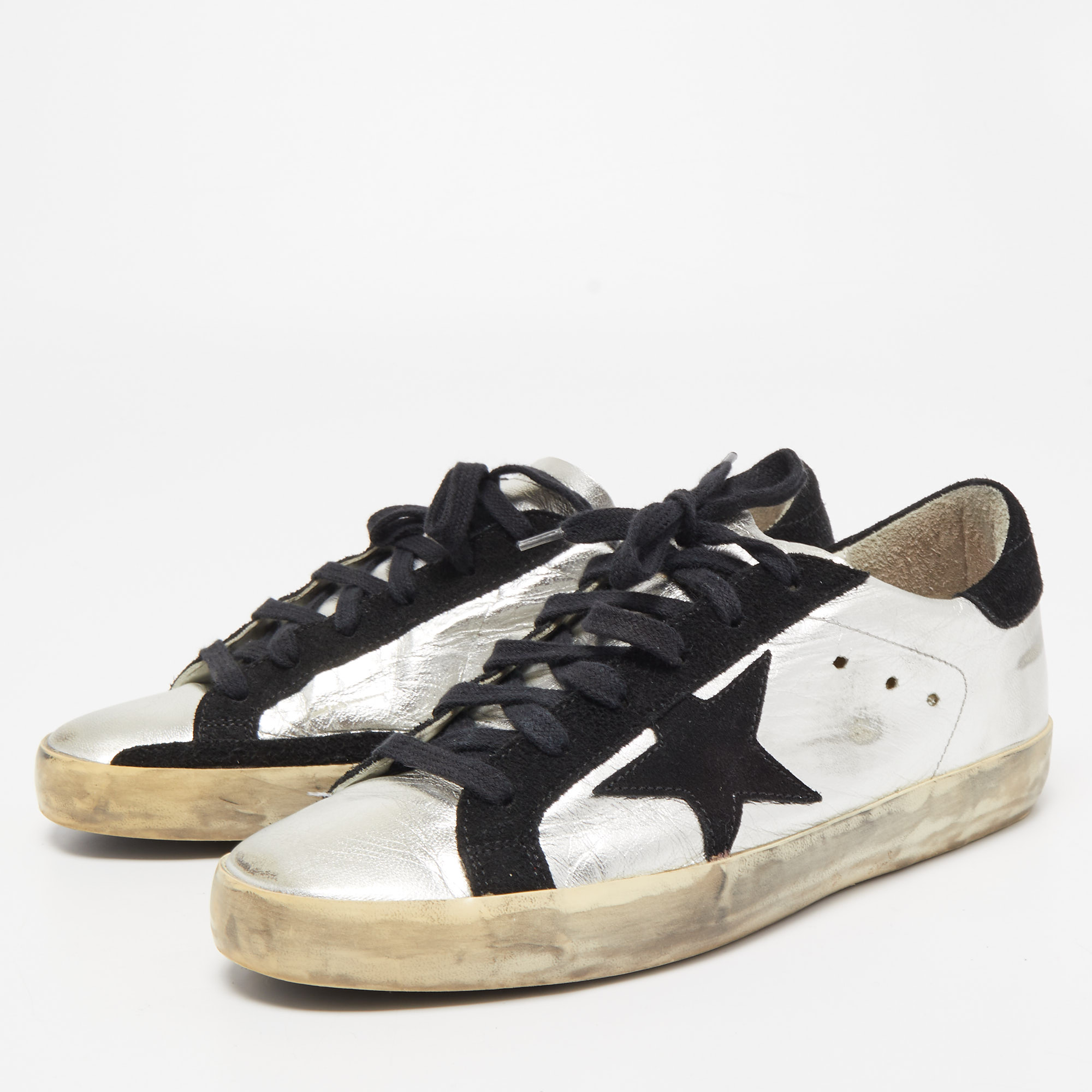 

Golden Goose Silver/Black Leather and Suede Superstar Sneakers Size