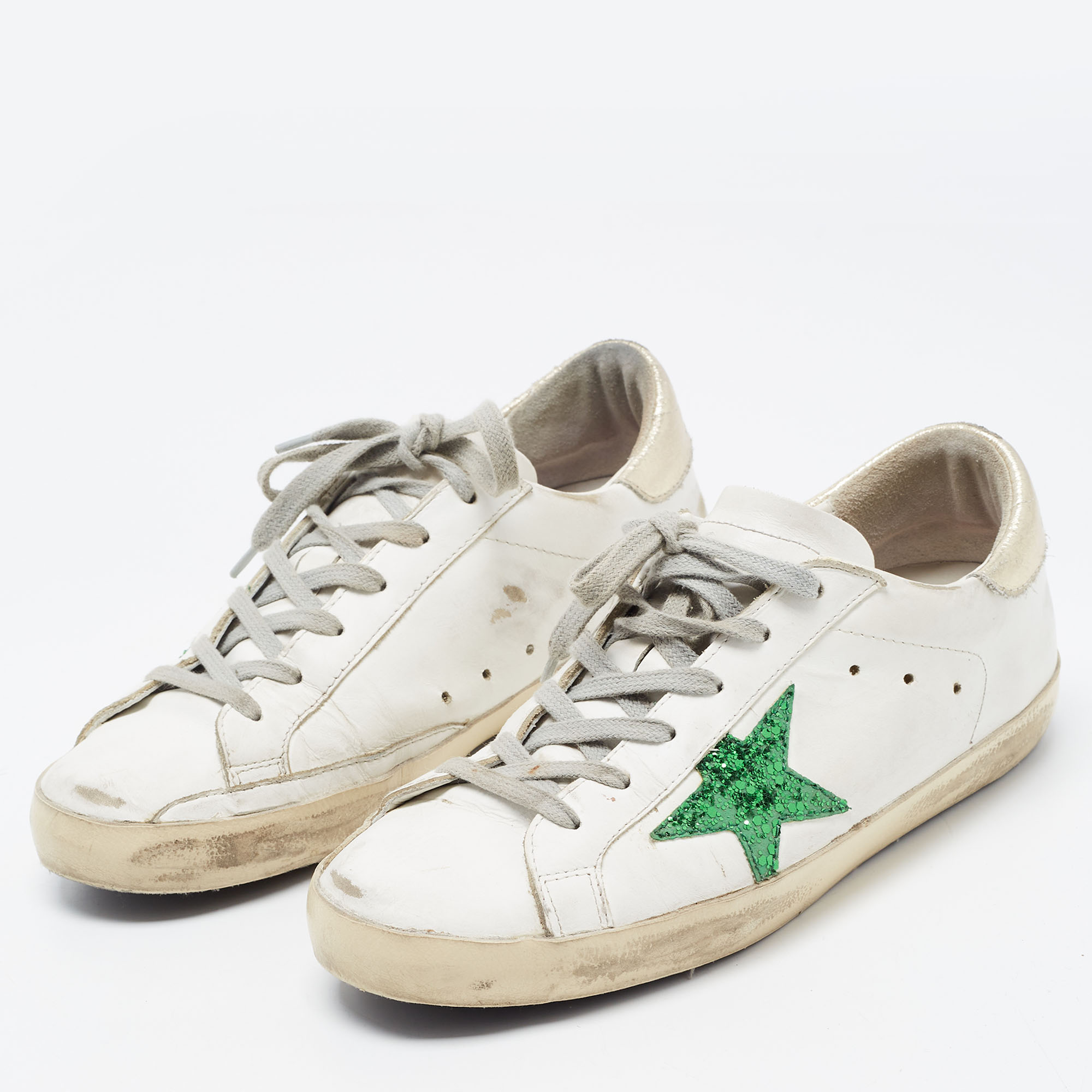 

Golden Goose White/Green Leather and Coarse Glitter Superstar Sneakers Size