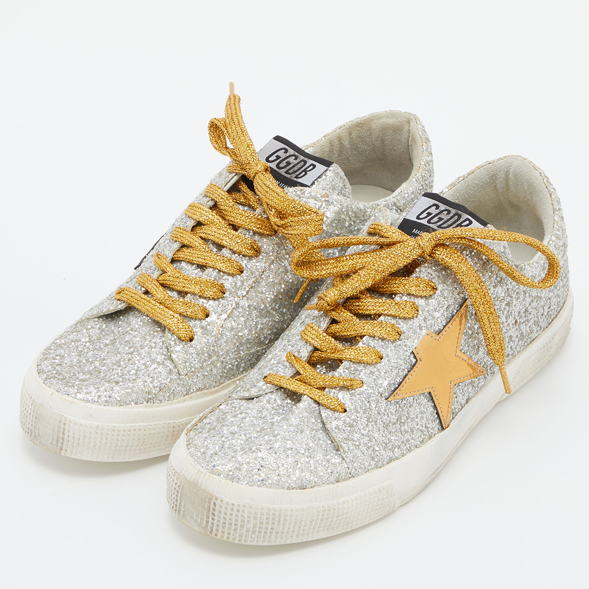 

Golden Goose Silver/Gold Glitter and Suede Hi Star Low-Top Sneakers Size