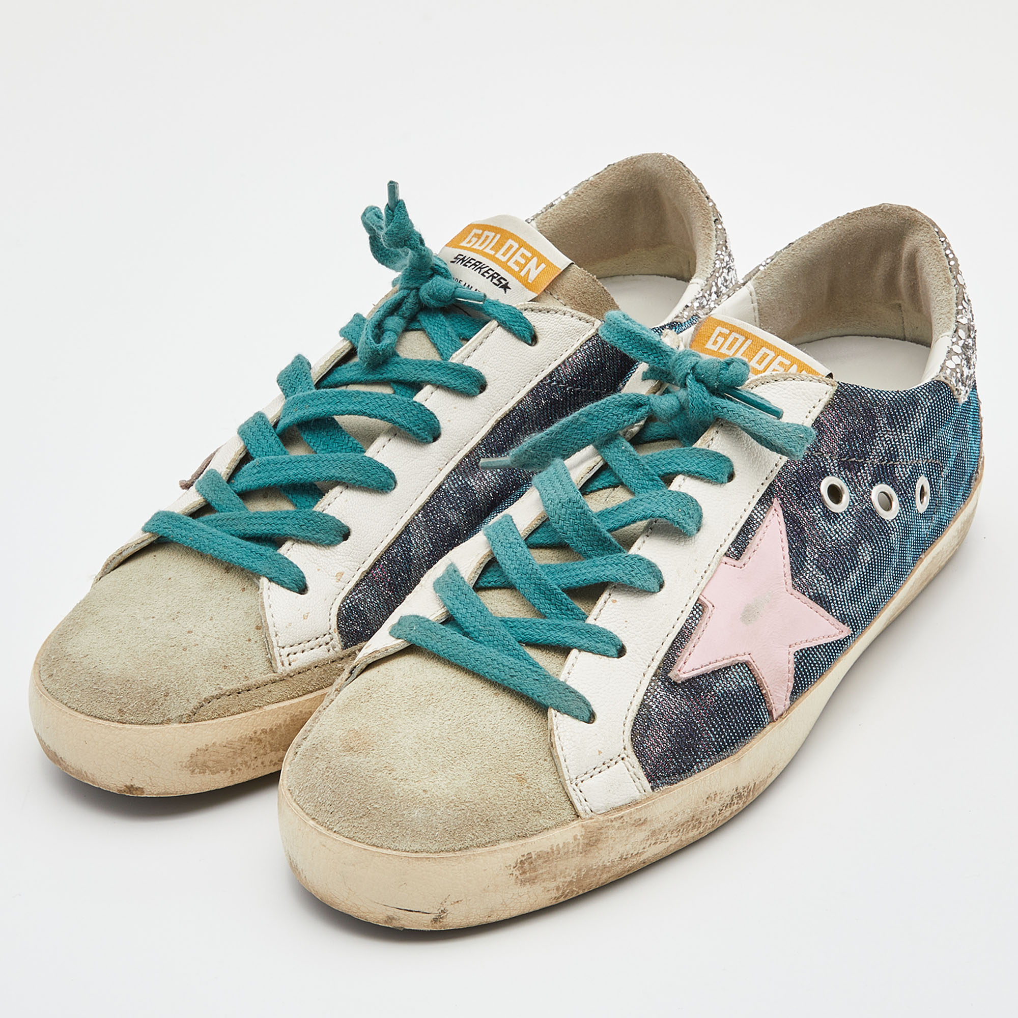 

Golden Goose Multicolor Glitter,Lurex Fabric and Leather Superstar Lace Up Sneakers Size