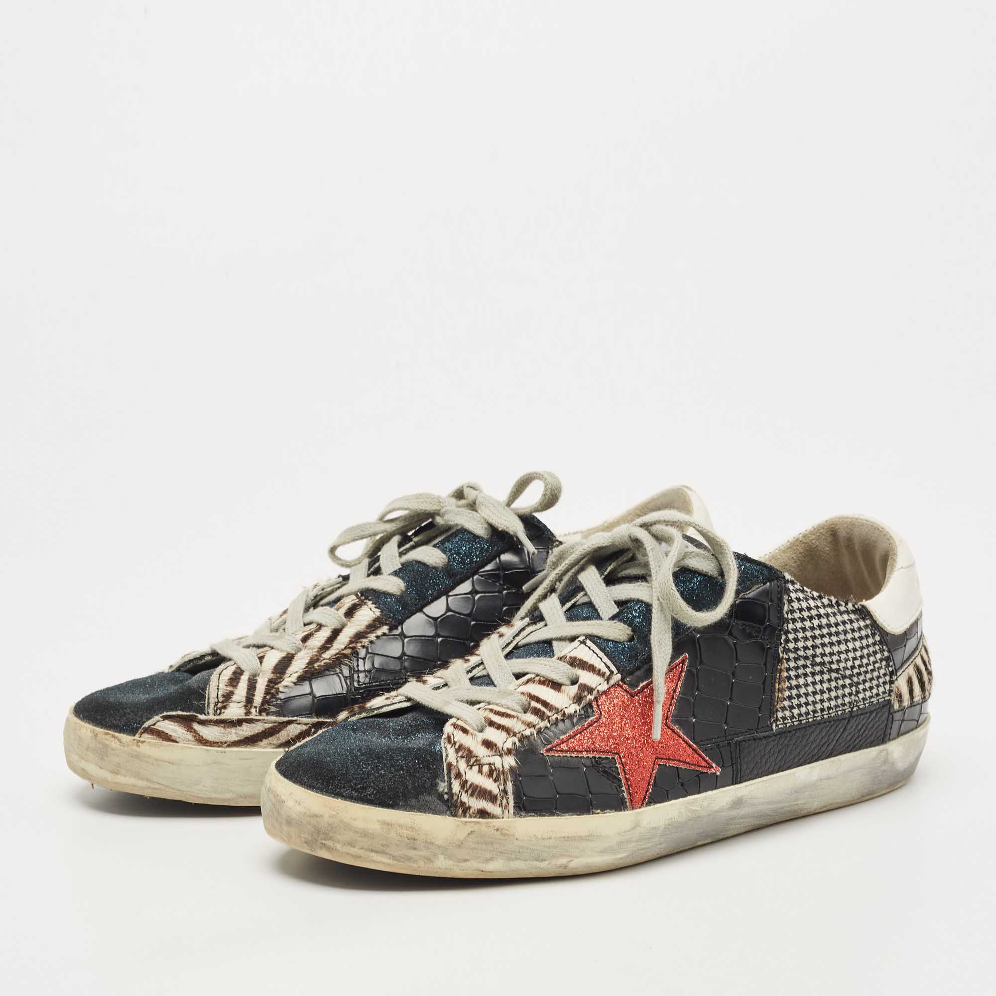 

Golden Goose Multicolor Calf Hair and Croc Embossed Superstar Sneakers Size