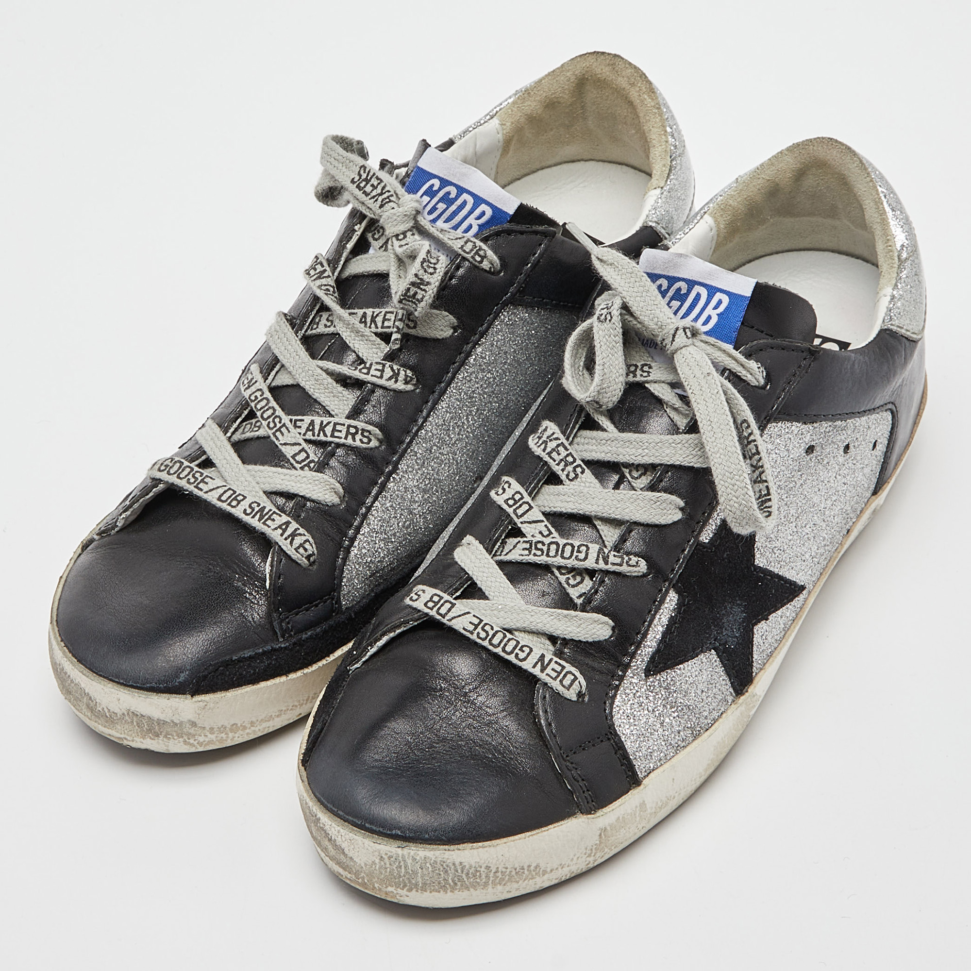 

Golden Goose Black/Silver Leather and Glitter Superstar Sneakers Size