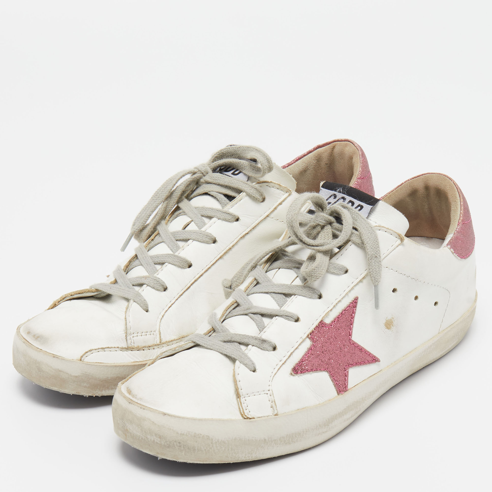 

Golden Goose White/Pink Leather And Glitter Superstar Low Top Sneakers Size