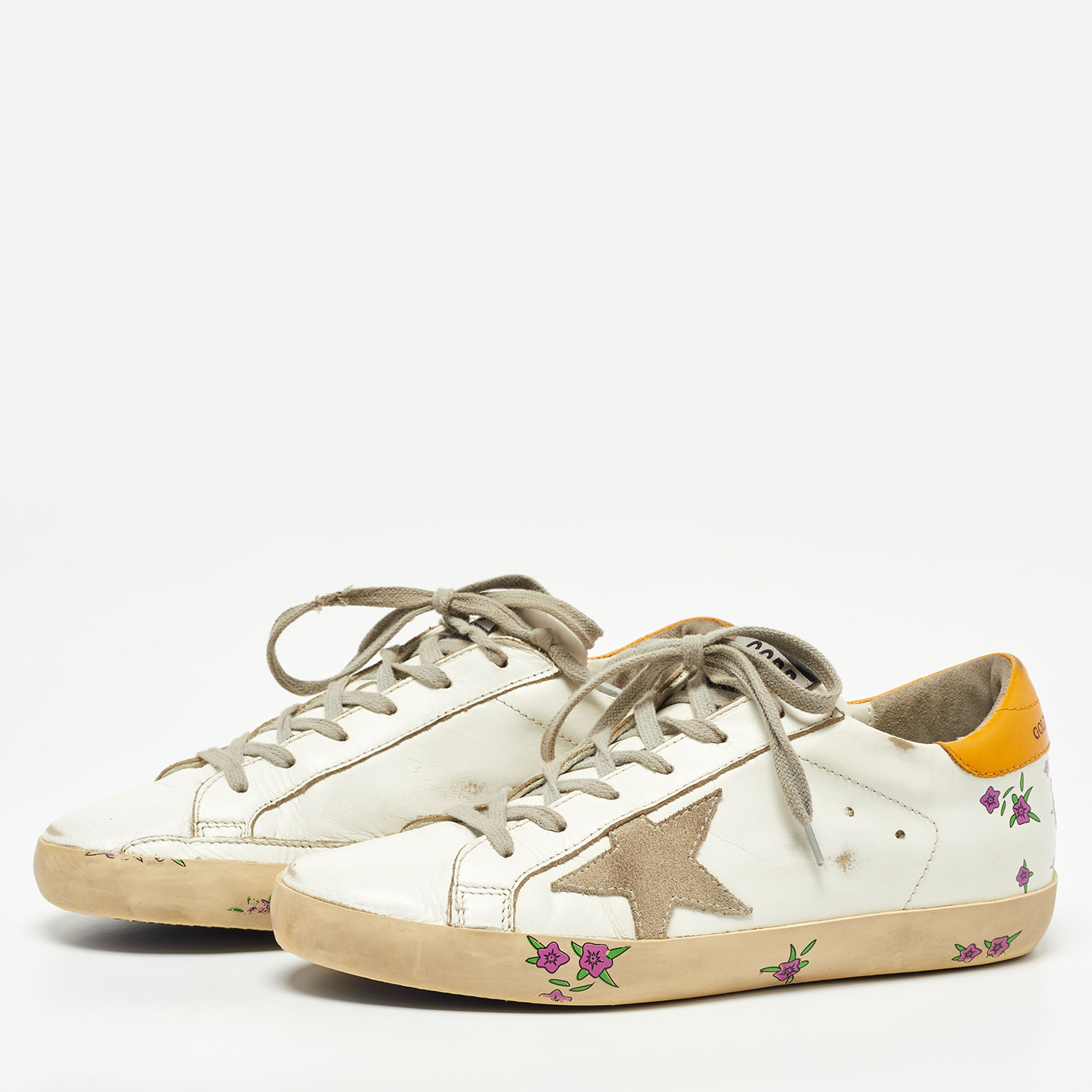 

Golden Goose White Leather Floral Print Superstar Sneakers Size