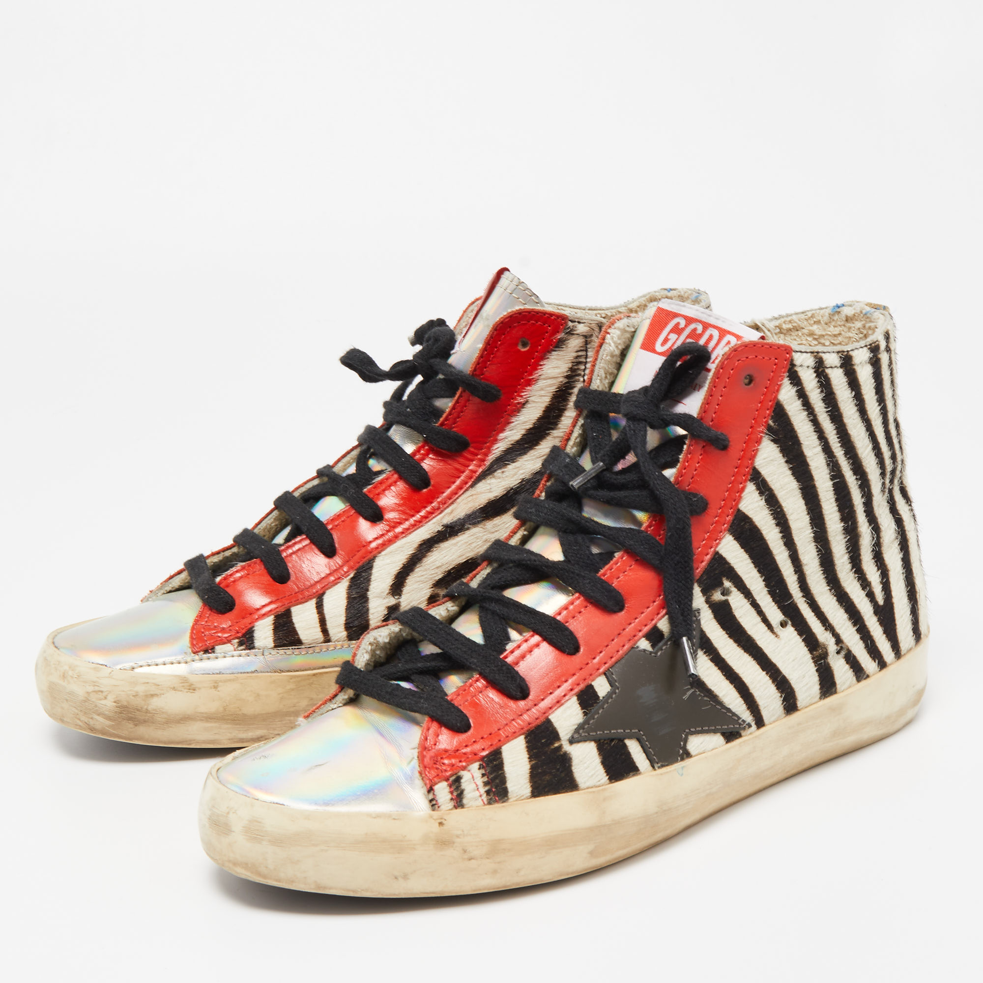 

Golden Goose Multicolor Iridescent Leather and Calf Hair High Top Sneakers Size, White