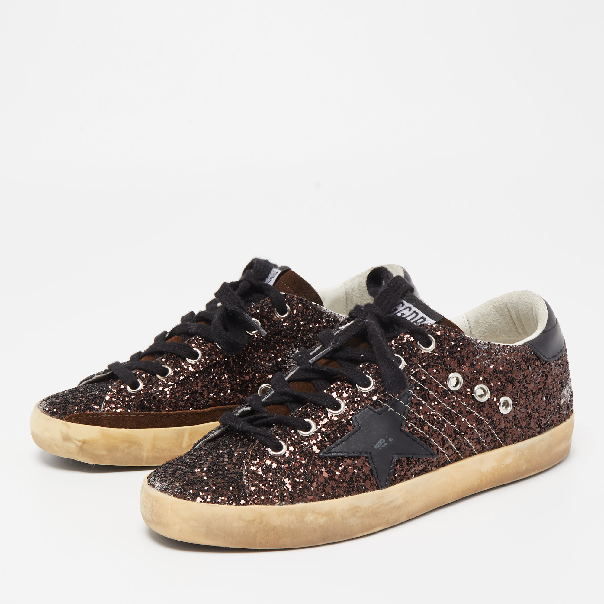 

Golden Goose Metallic Gold Glitter and Leather Superstar Sneakers Size