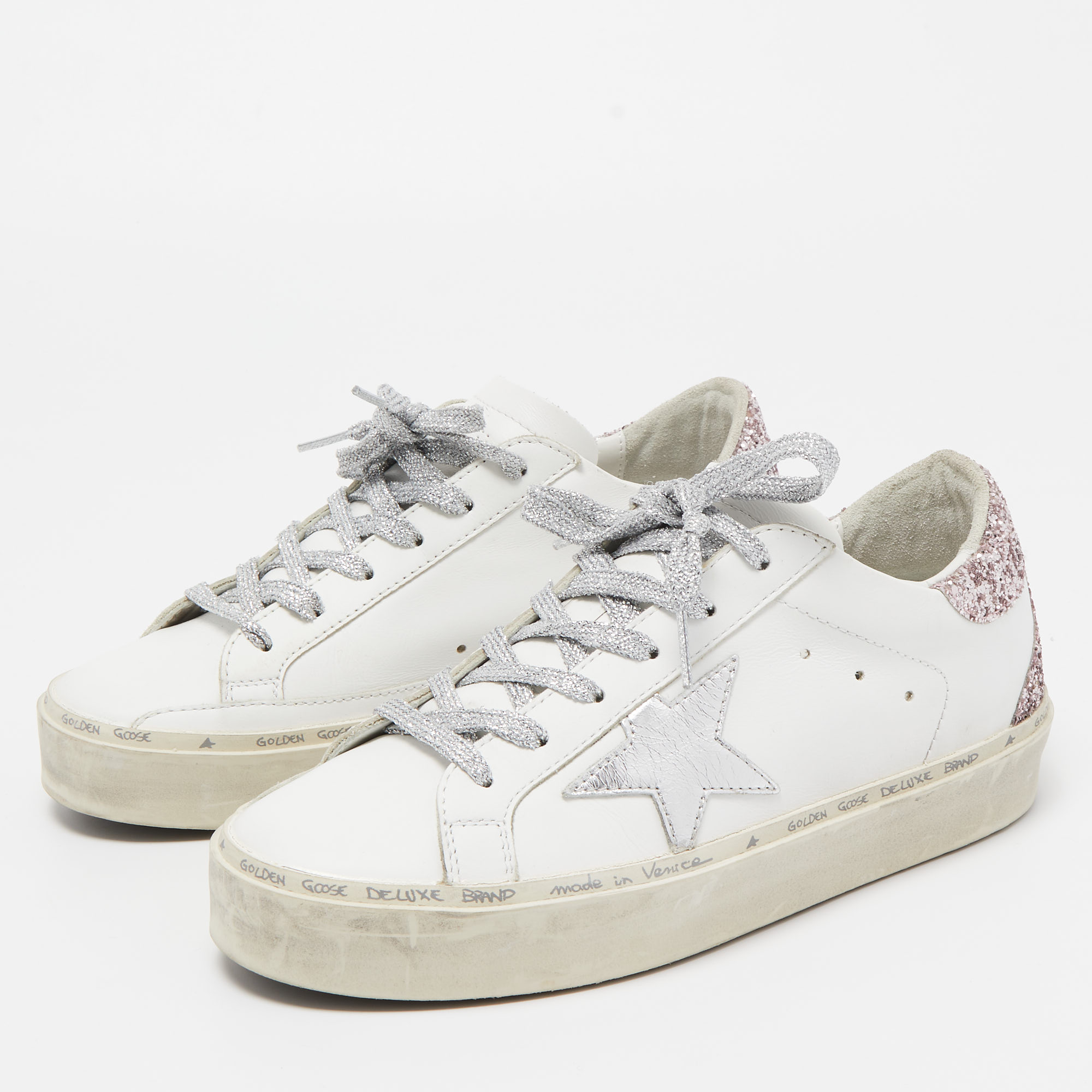 

Golden Goose White/Pink Leather and Glitter Hi Star Sneakers Size