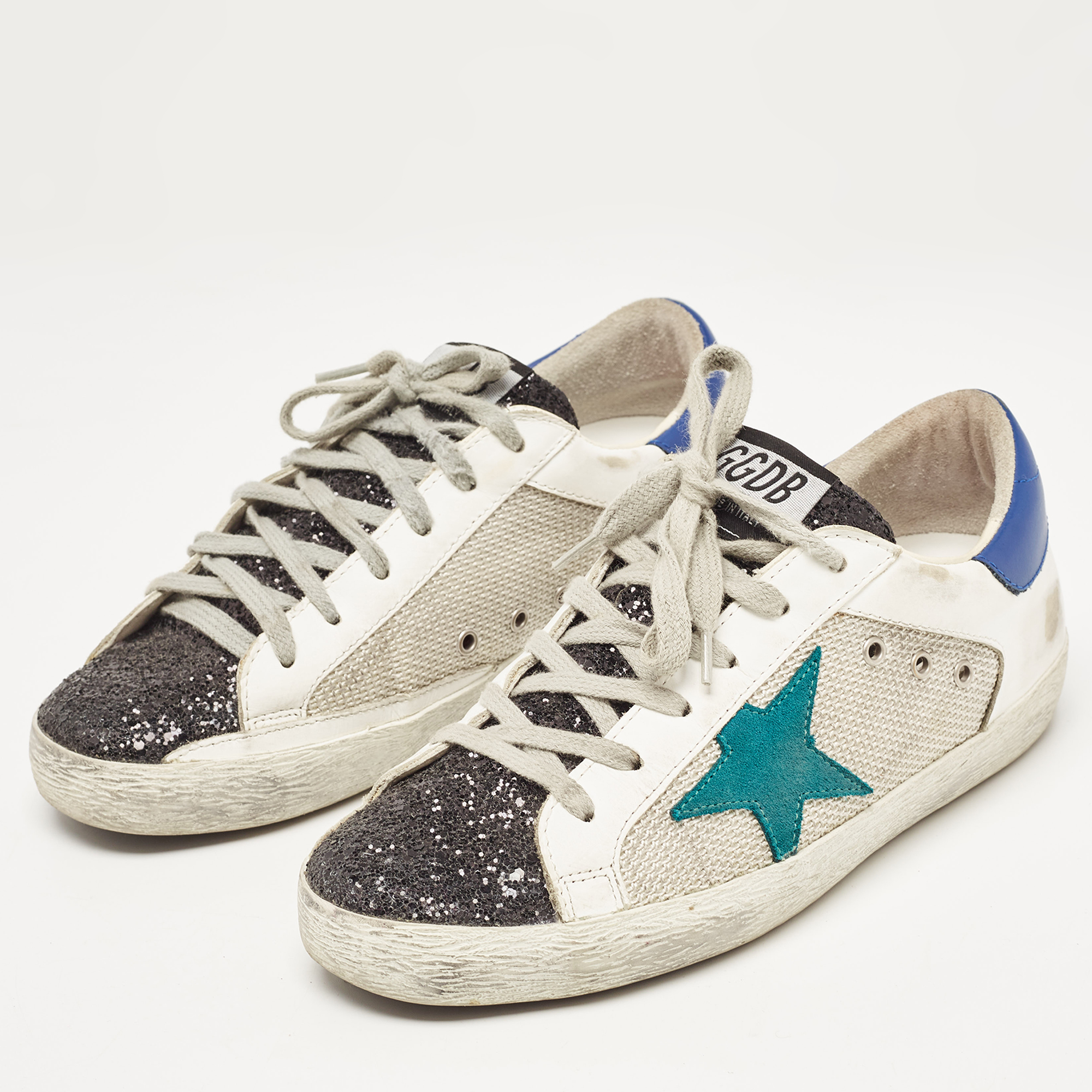 

Golden Goose Tricolor Leather, Coarse Glitter and Mesh Superstar Sneakers Size, White