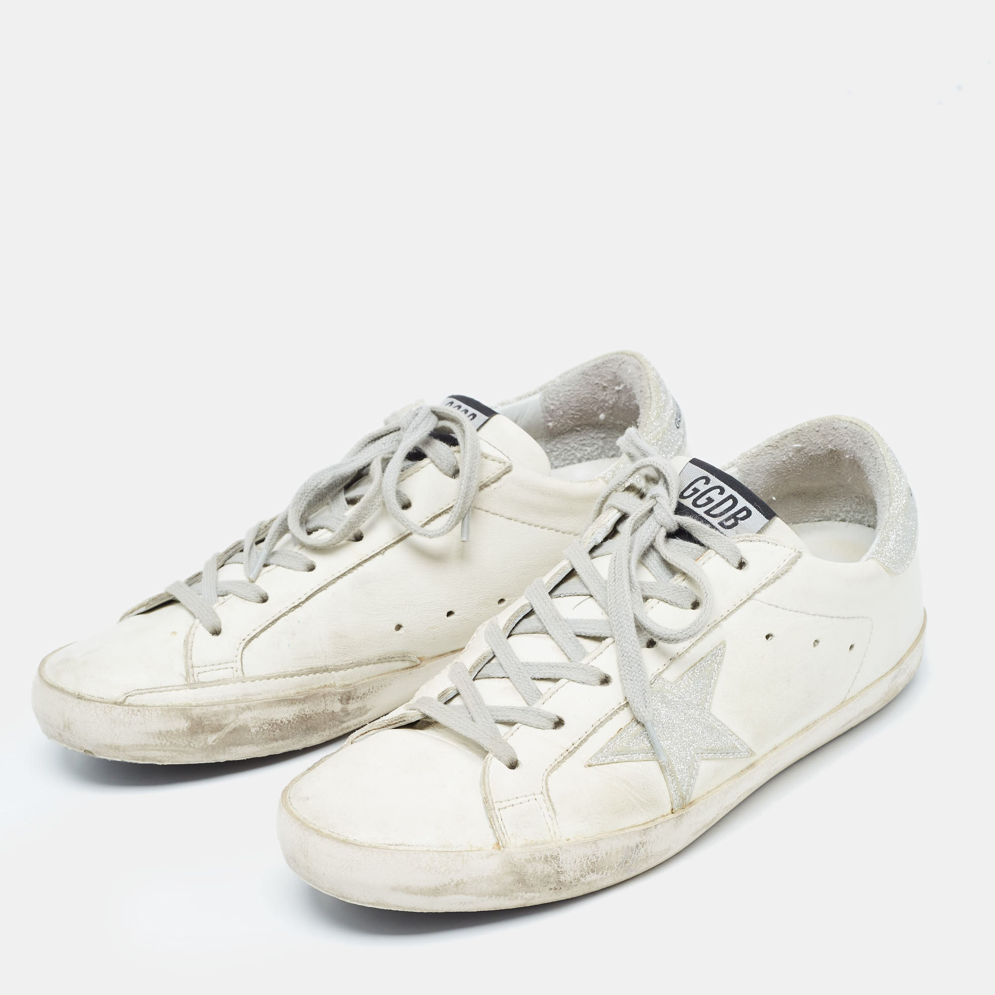 

Golden Goose White/Silver Glitter and Leather Superstar Sneakers Size