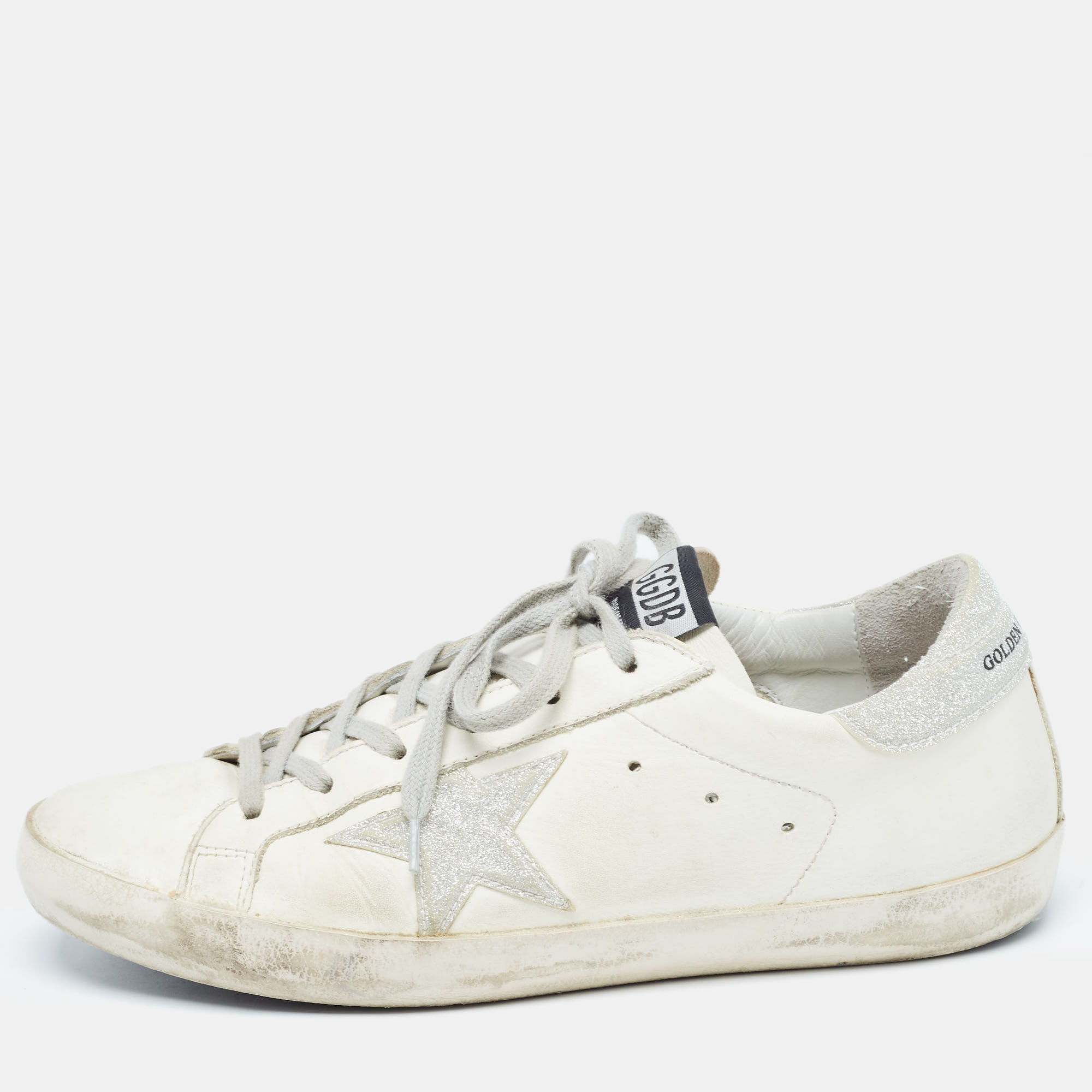 Pre Owned Golden Goose White/Silver Glitter and Leather Superstar Sneakers Size 39