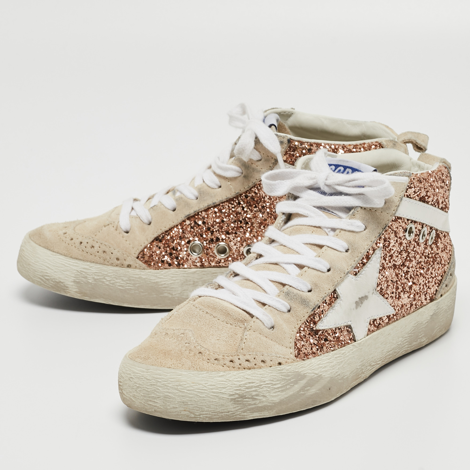 

Golden Goose Tricolor Glitter and Grey Suede and Glitter High Top Sneakers Size