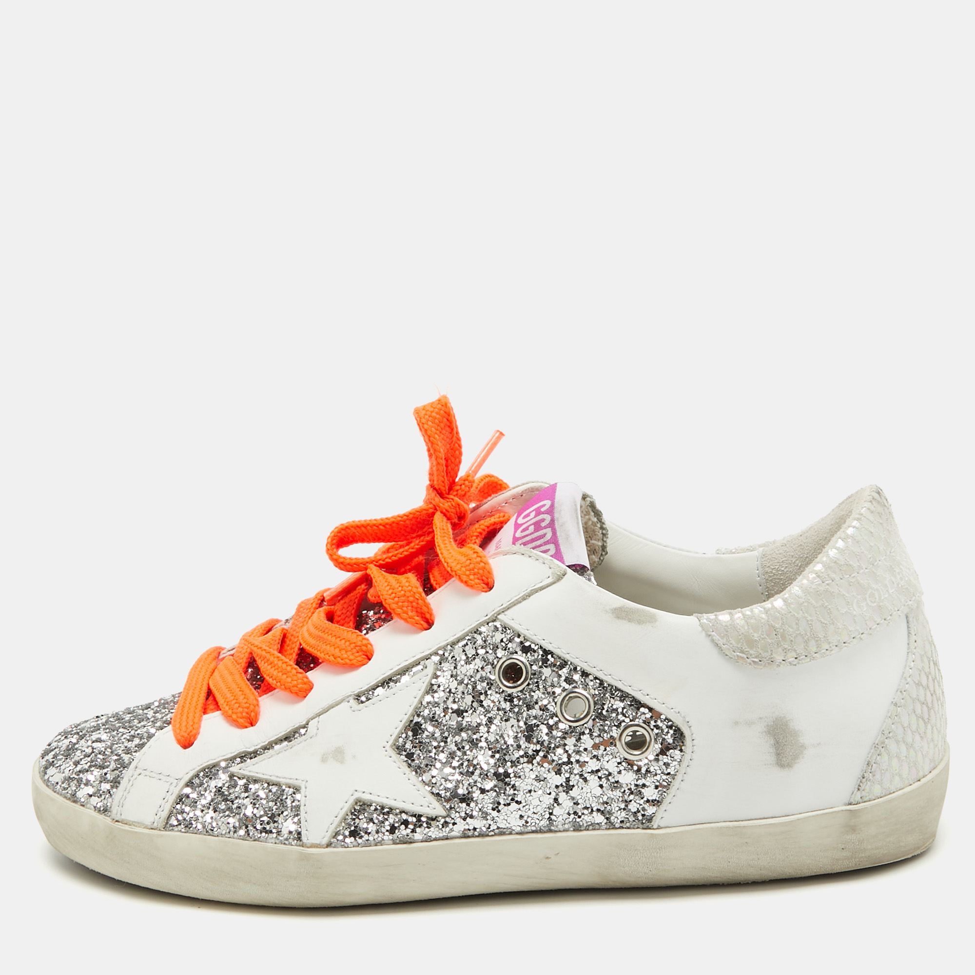 Silver/ Leather And Glitter Super Star Low Top Sneakers