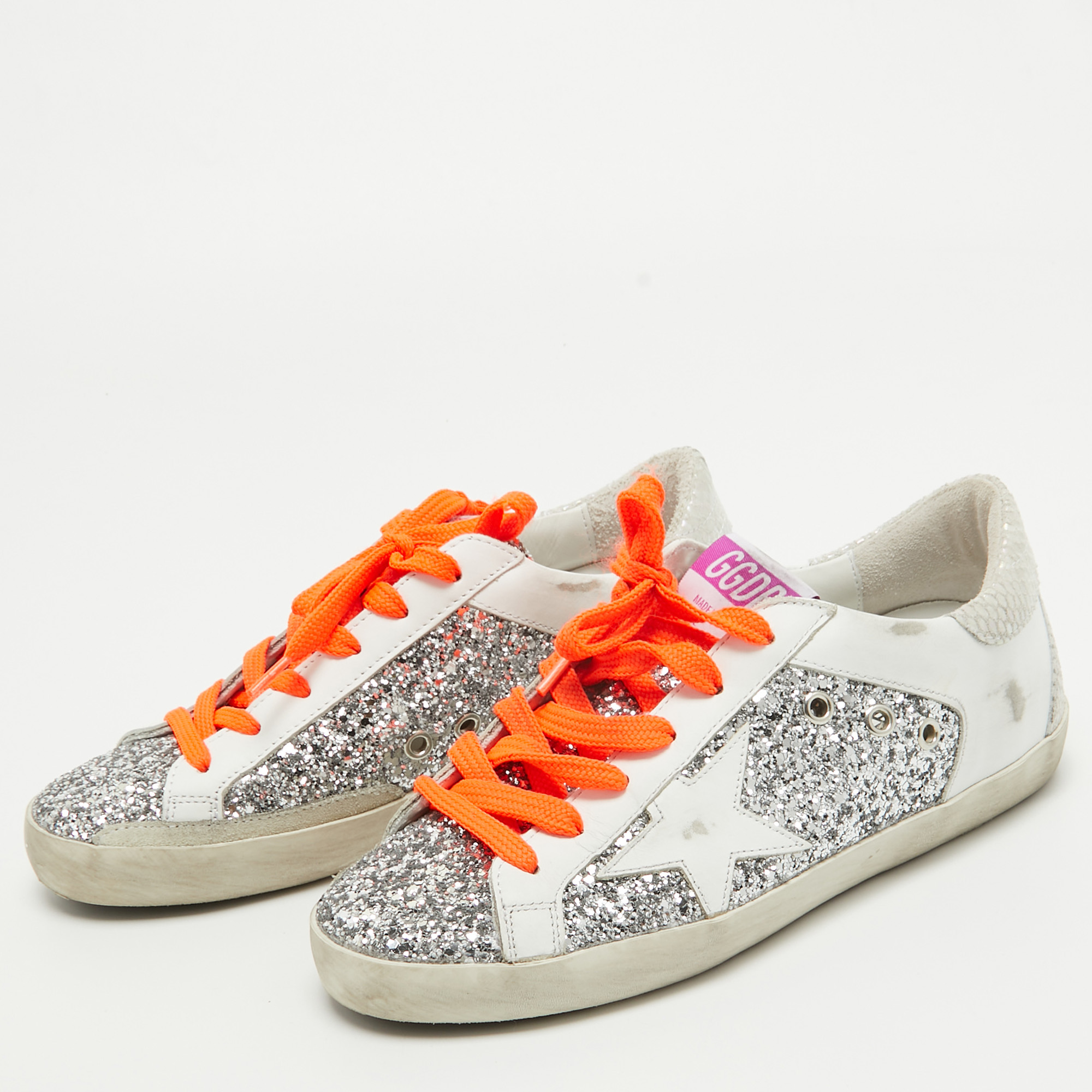 

Golden Goose Silver/White Leather and Glitter Super Star Low Top Sneakers Size