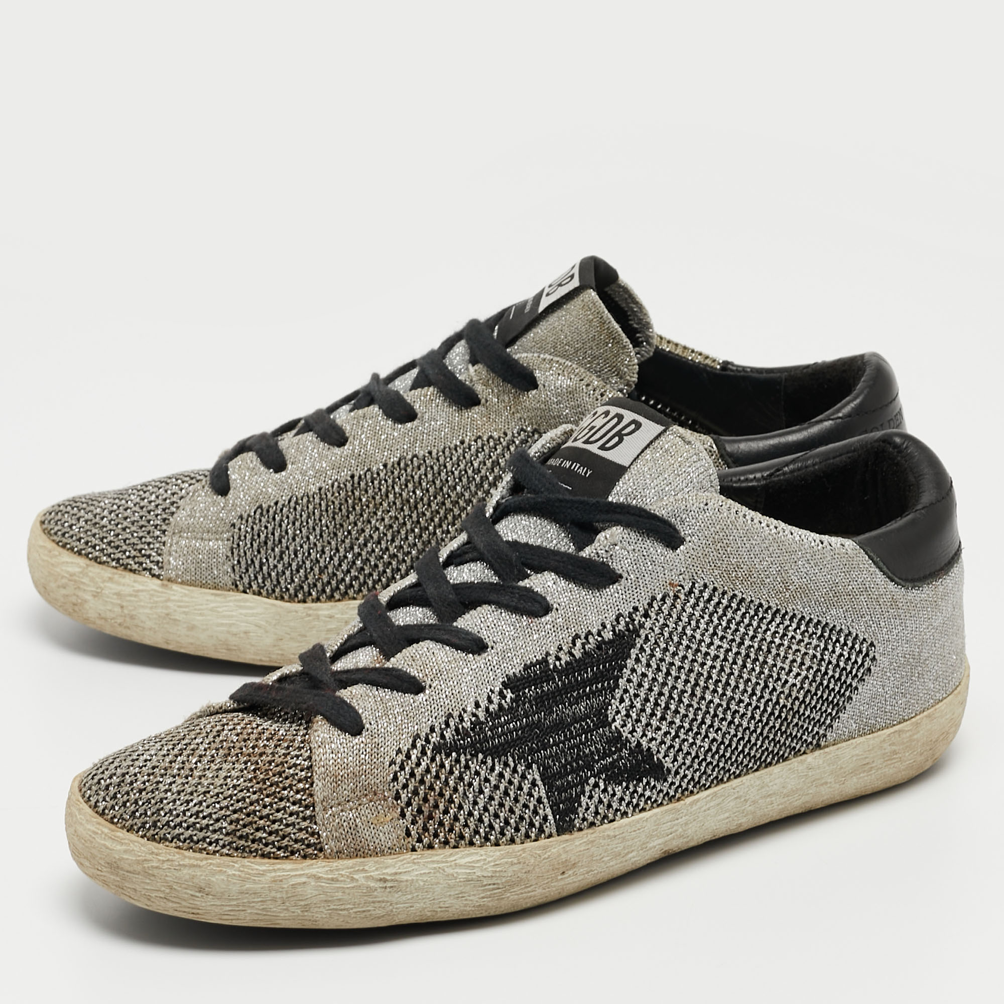 

Golden Goose Grey/Black Glitter Fabric and Leather Superstar Sneakers Size