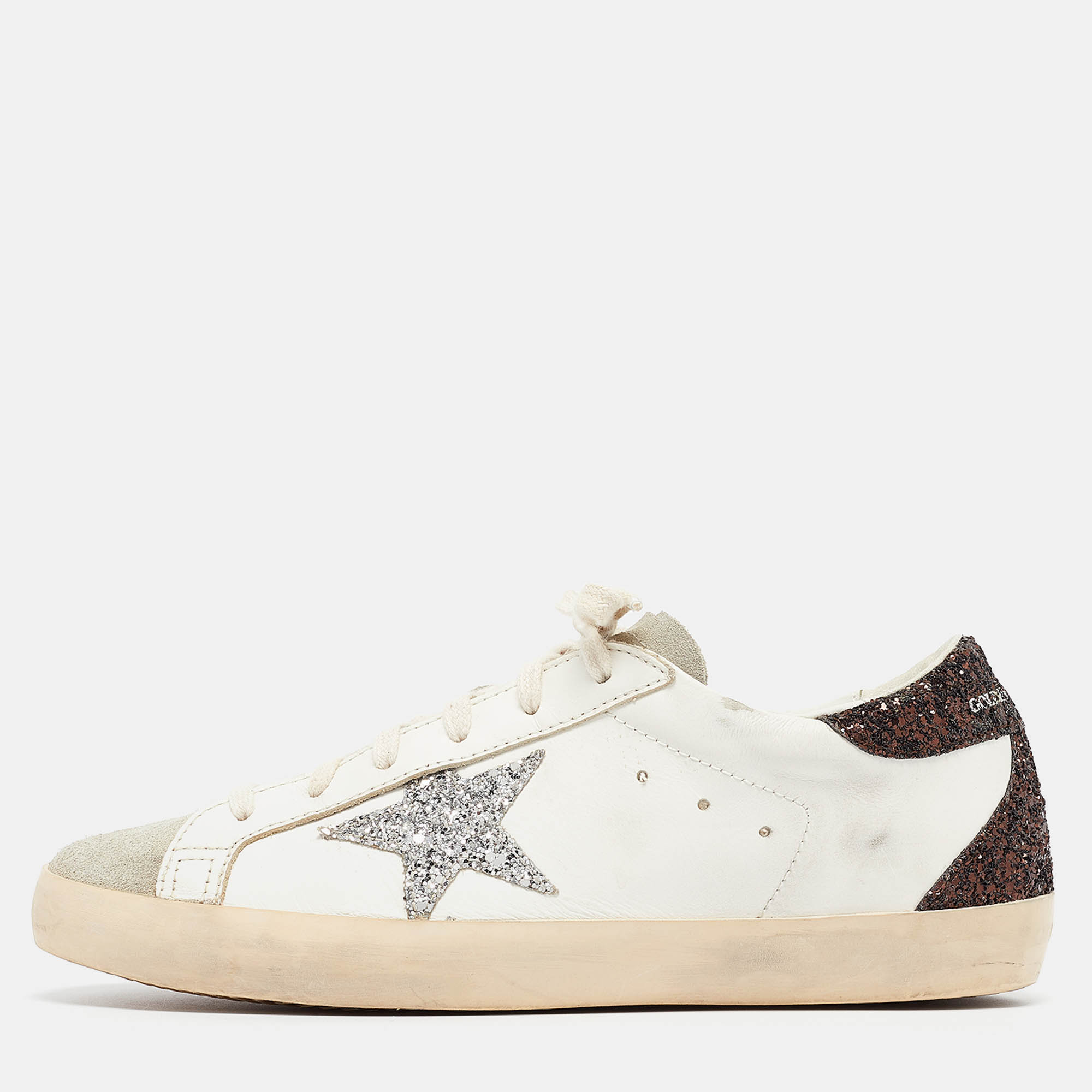 

Golden Goose Tricolor Leather and Glitter Superstar Sneakers Size, White