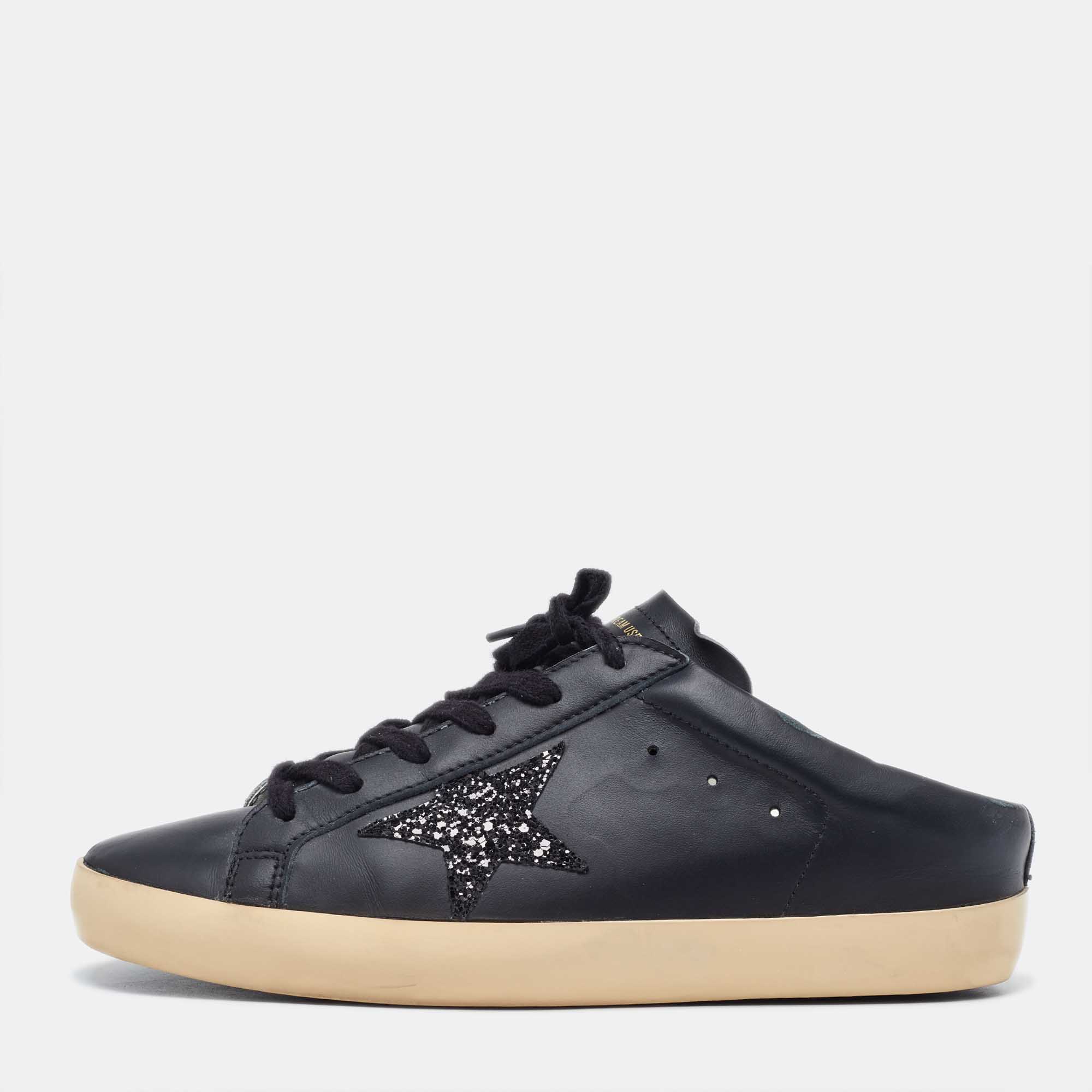 

Golden Goose Black Leather Super Star Lace Up Mule Sneakers Size