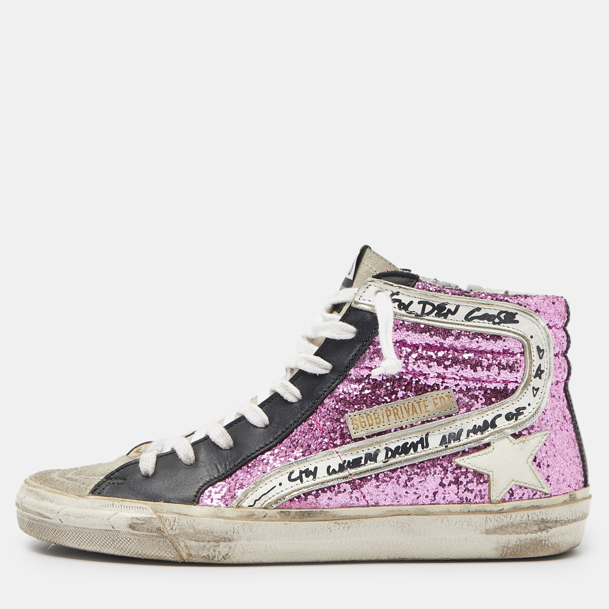 

Golden Goose Multicolor Leather,Suede and Coarse Glitter Miami High Top Sneakers Size