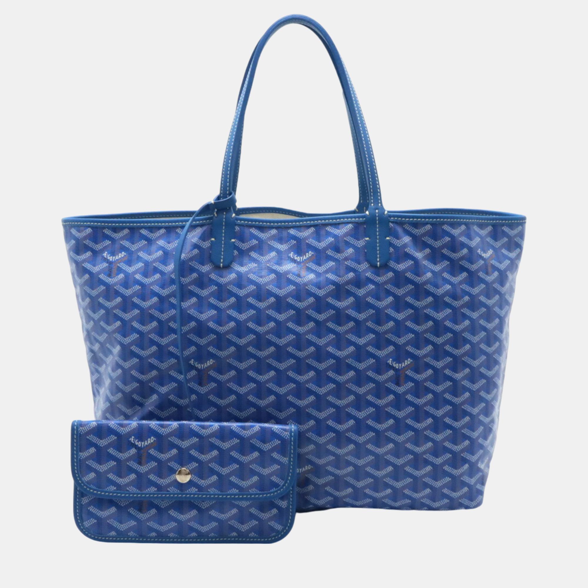 Pre-owned Goyard Blue White Coated Canvas Leather Saint Louis Pm Tote Bag