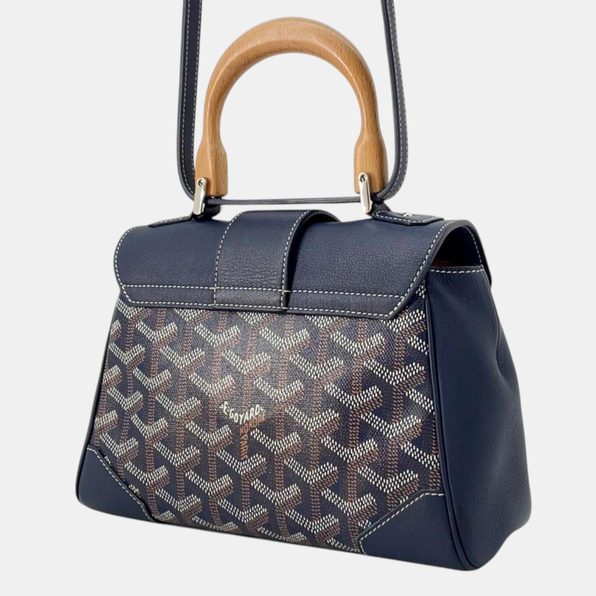 Goyard Navy Blue Pvc Coated Canvas/Leather/Wood Mini Saigon Shoulder Bag 