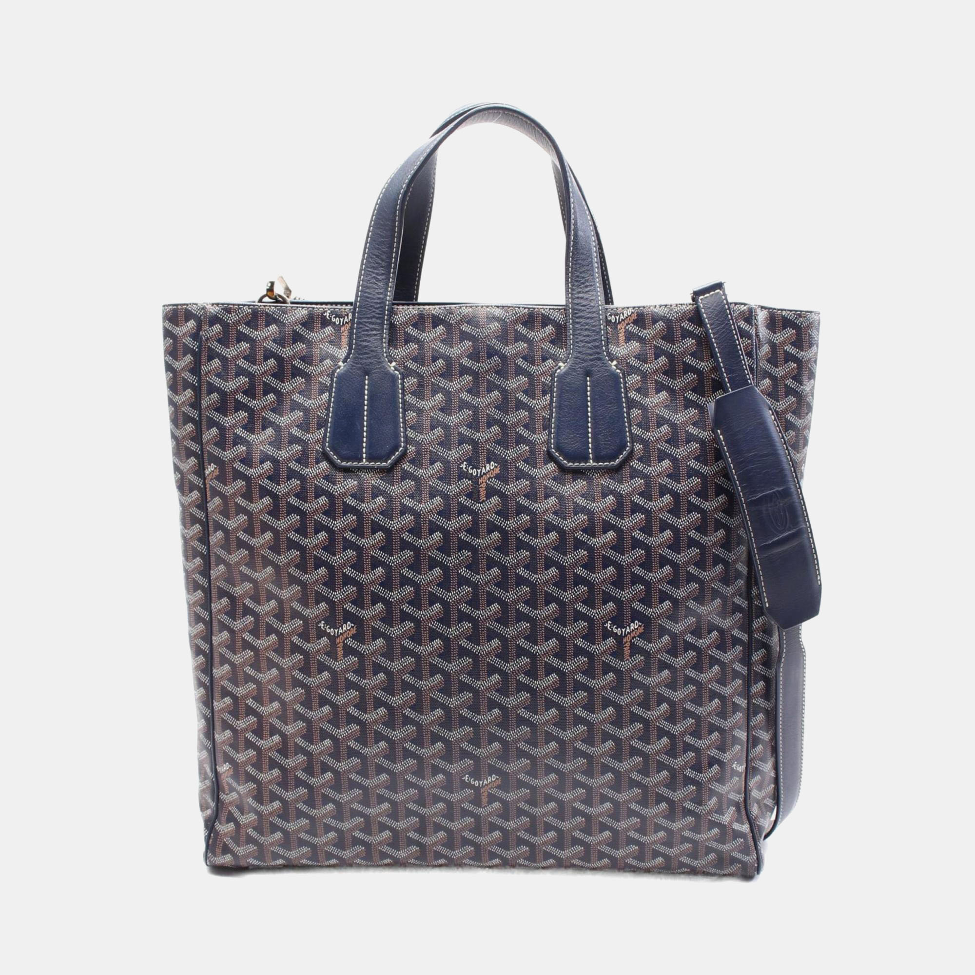 

Goyard Sac Voltaire Tote Bag Coated Canvas Leather Navy White Brown, Navy blue