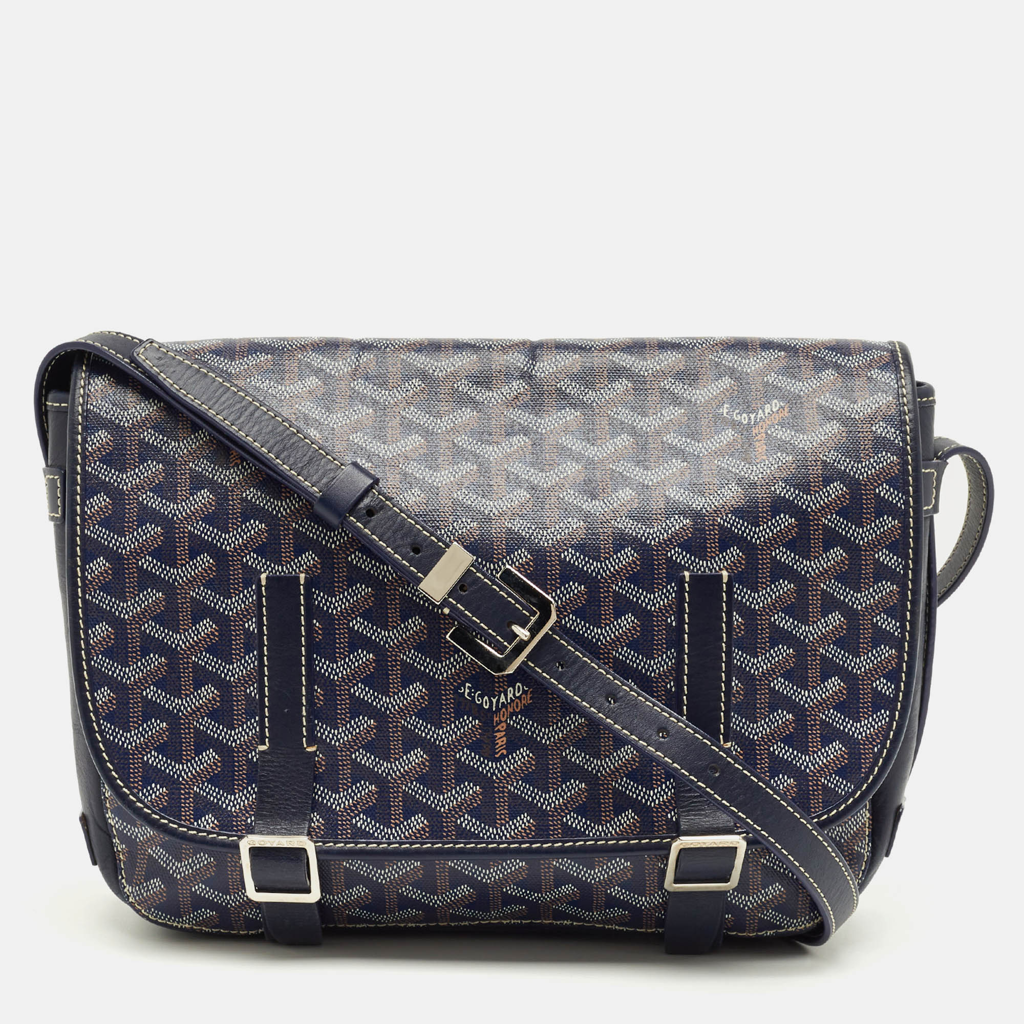 Pre-owned Goyard Ine Coated Canvas Belvedere Mm Saddle Bag In Blue