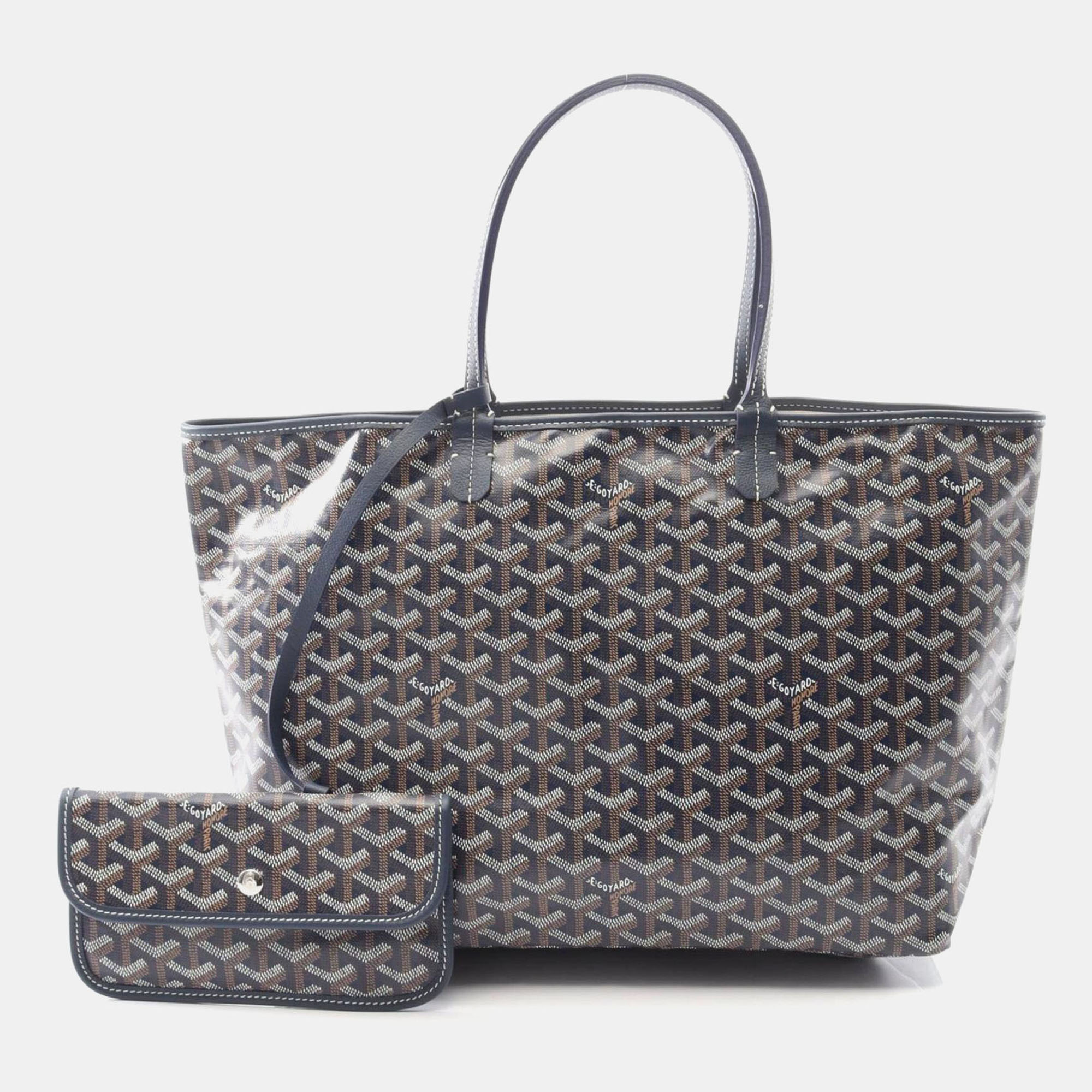 Pre-owned Goyard Saint Louis Pm Tote Bag Coated Canvas And Leather Navy Multicolor In Brown