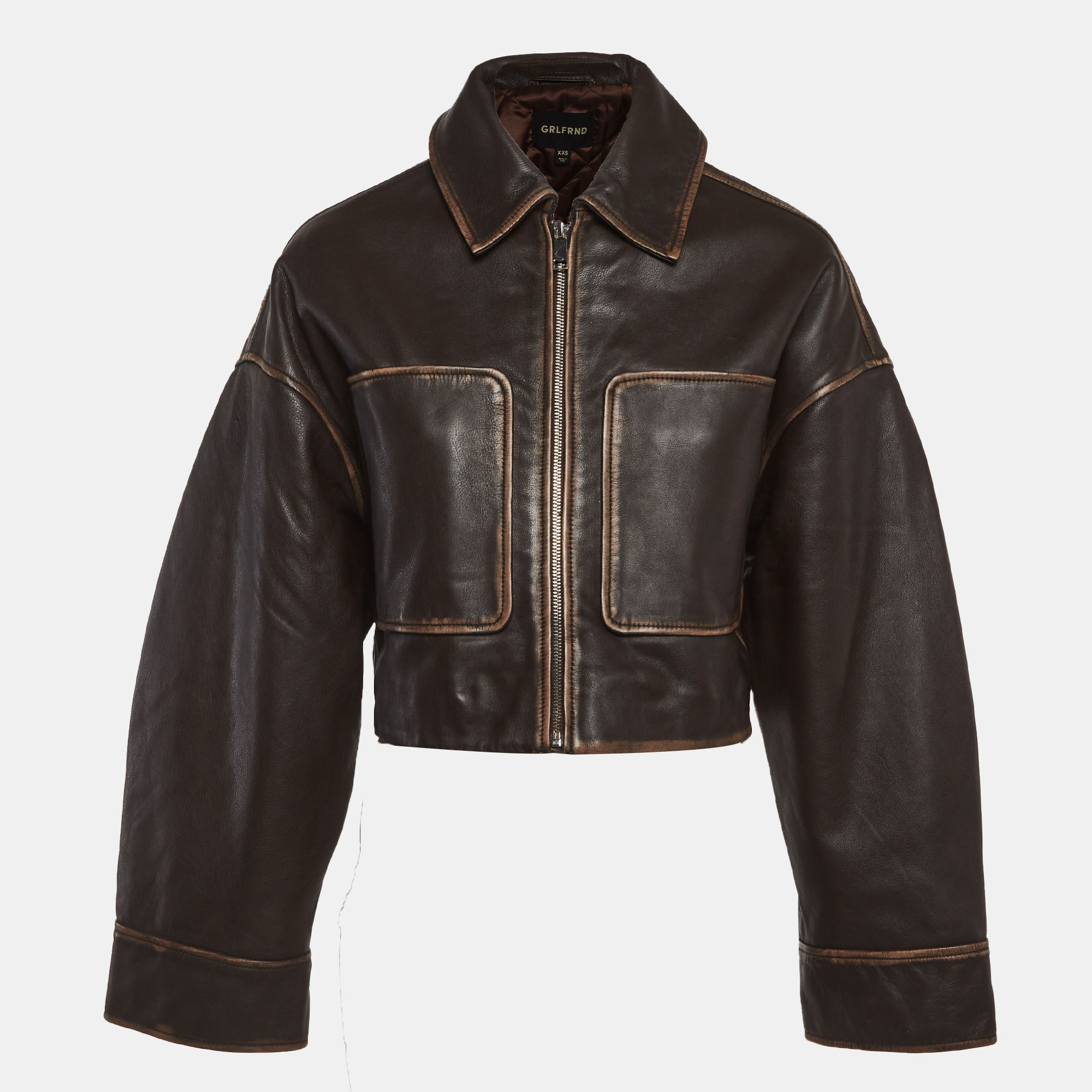 

Grlfrnd Brown Leather Cropped Jacket XXS
