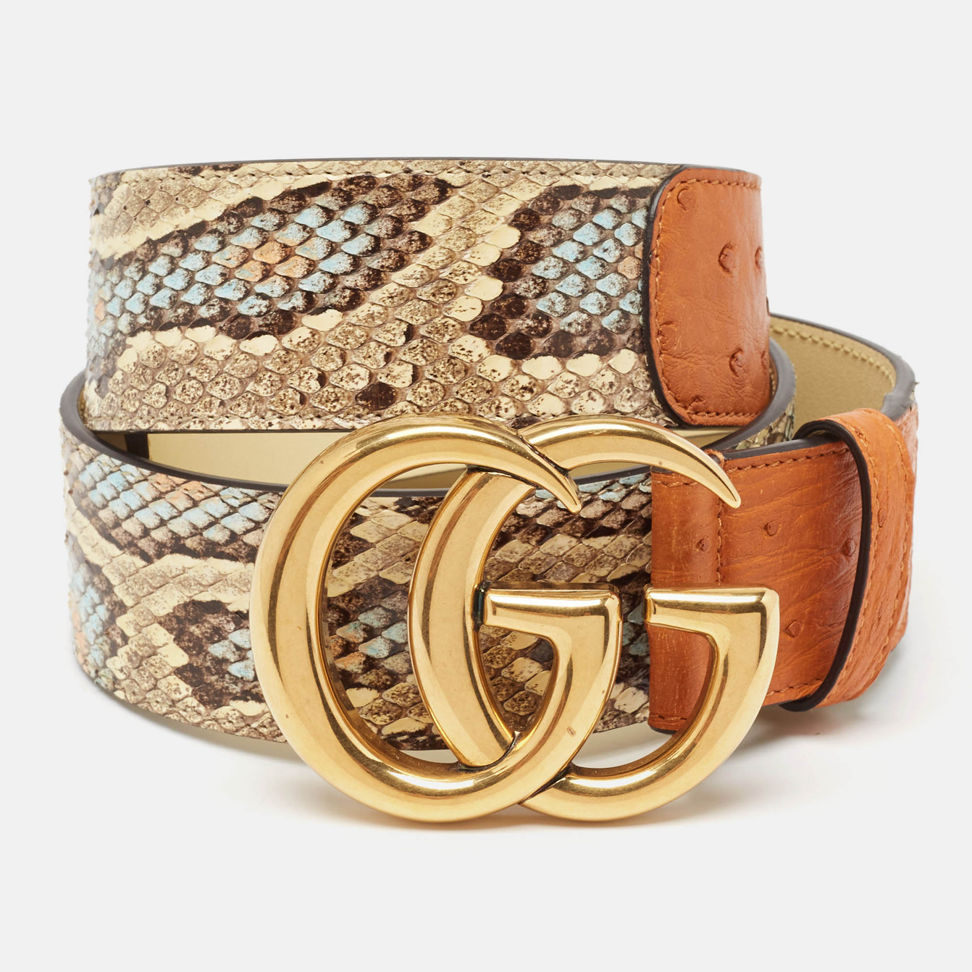 

Gucci Multicolor Ostrich Leather and Python GG Marmont Buckle Belt