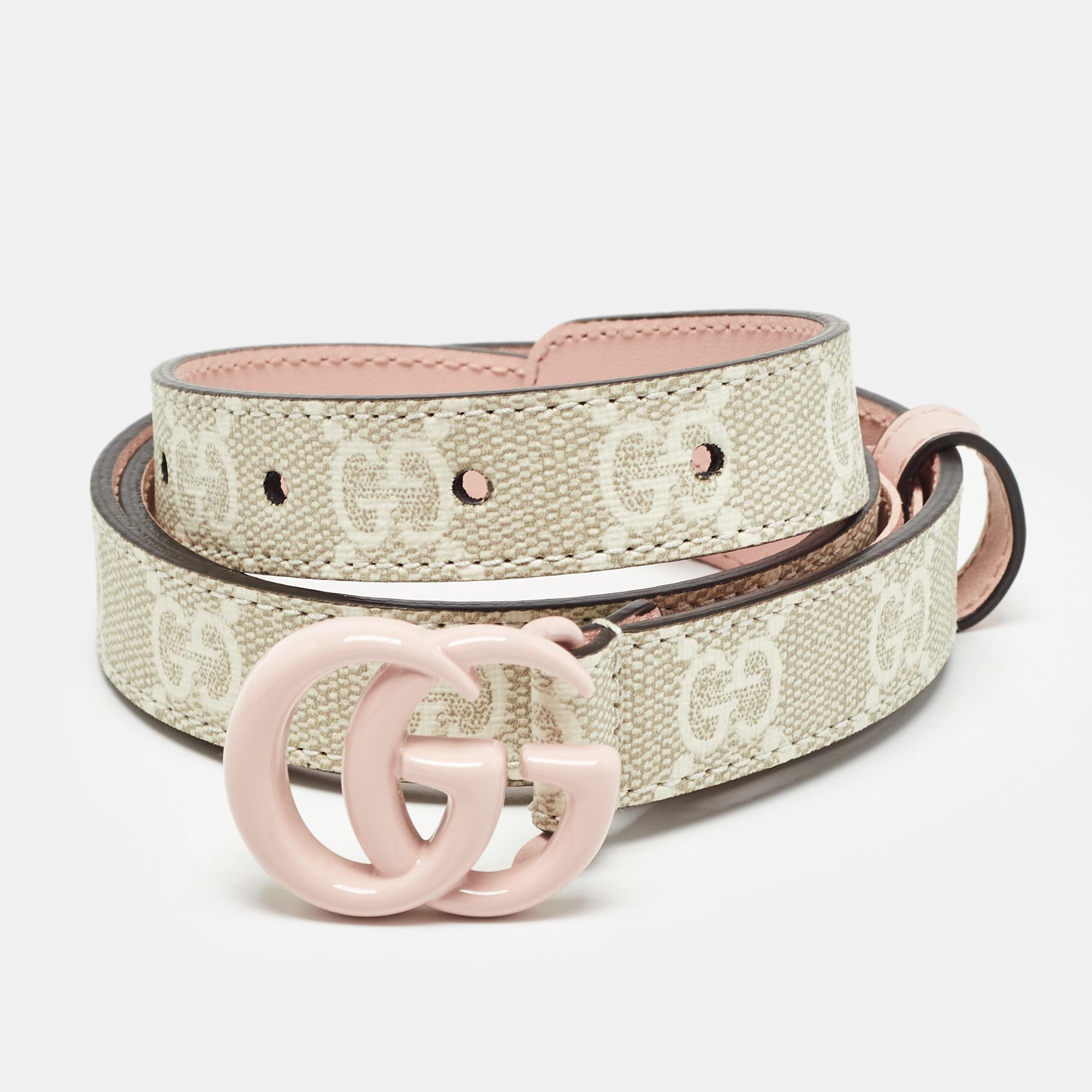 

Gucci Pink/White GG Supreme Canvas and Leather GG Marmont Slim Belt 80CM