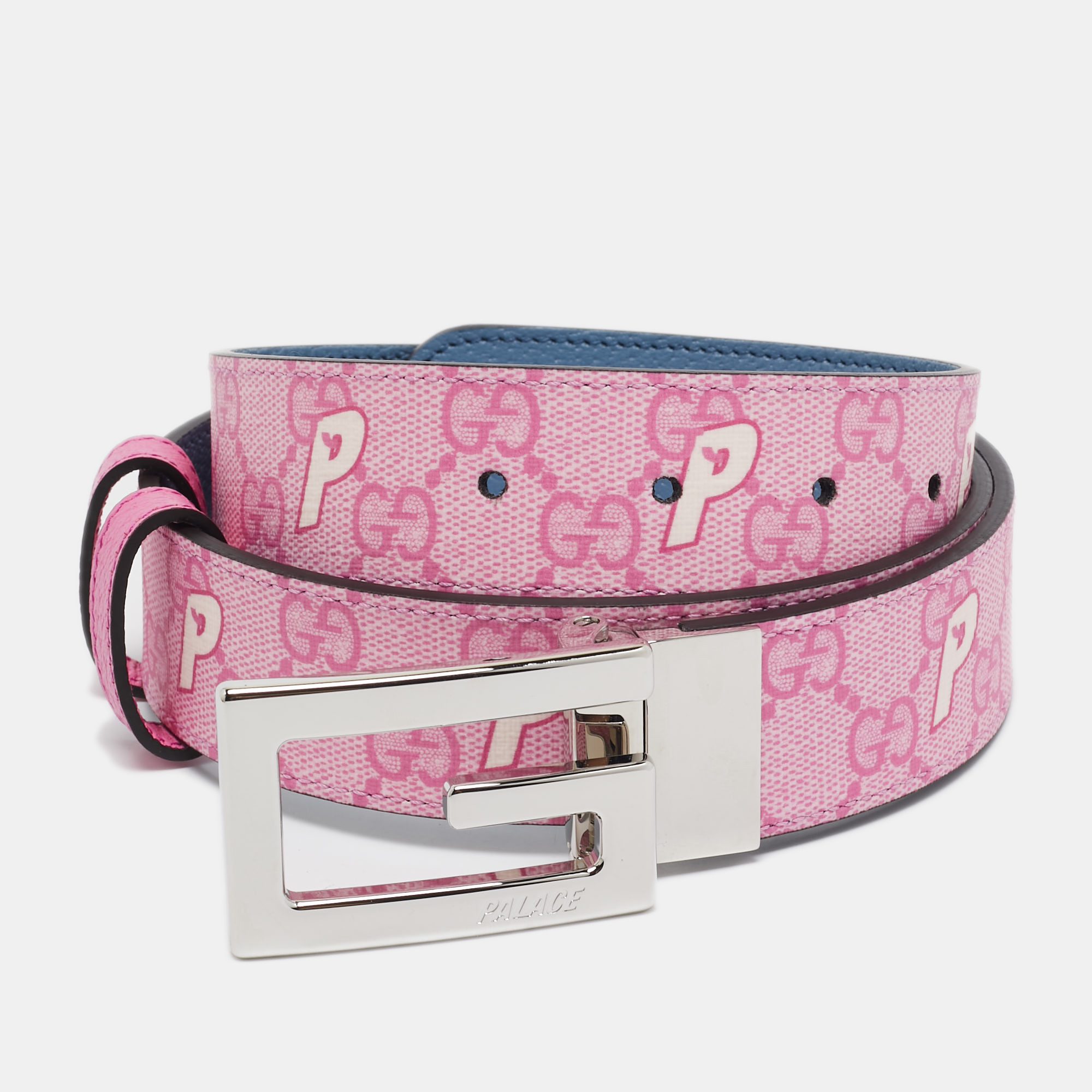 

Gucci x Palace Pink/Blue GG-P Supreme Canvas G Square Buckle Reversible Belt