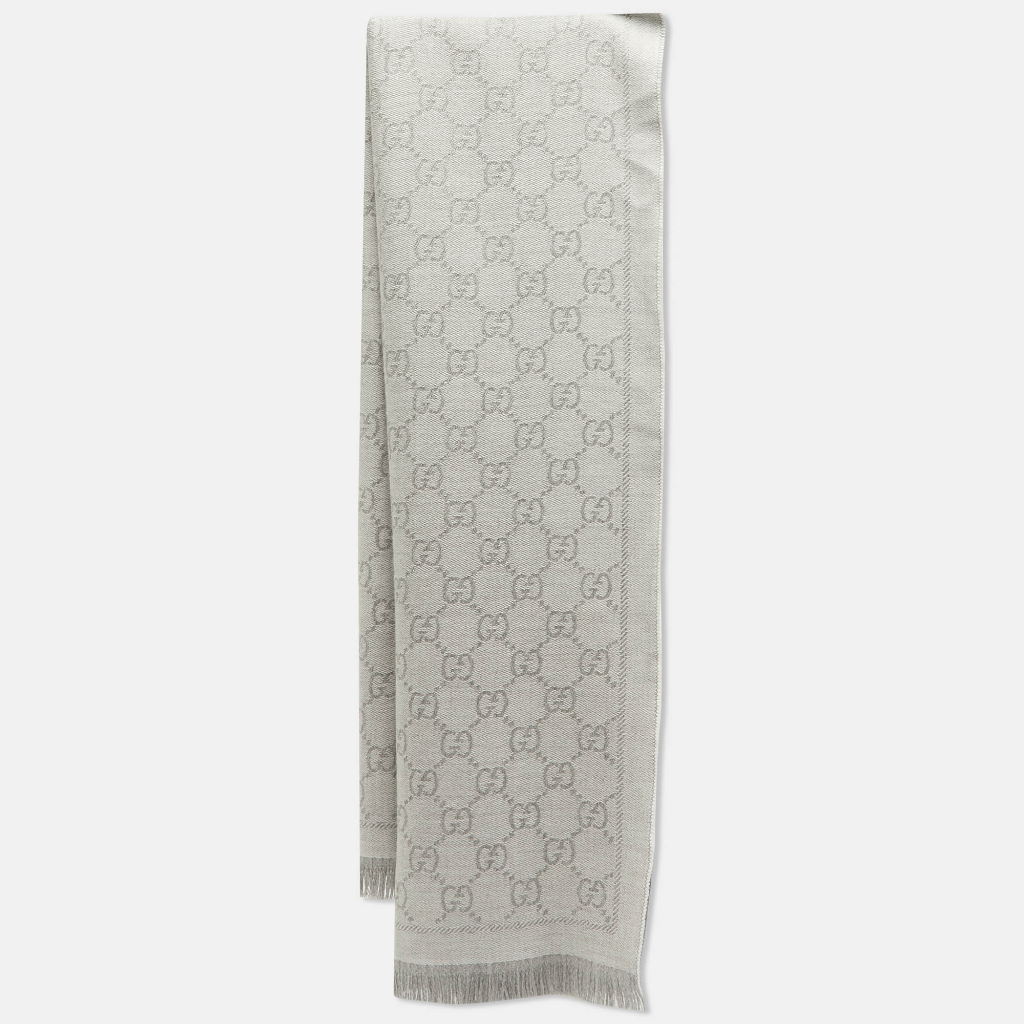 

Gucci Grey GG Jacquard Wool Fringe Scarf