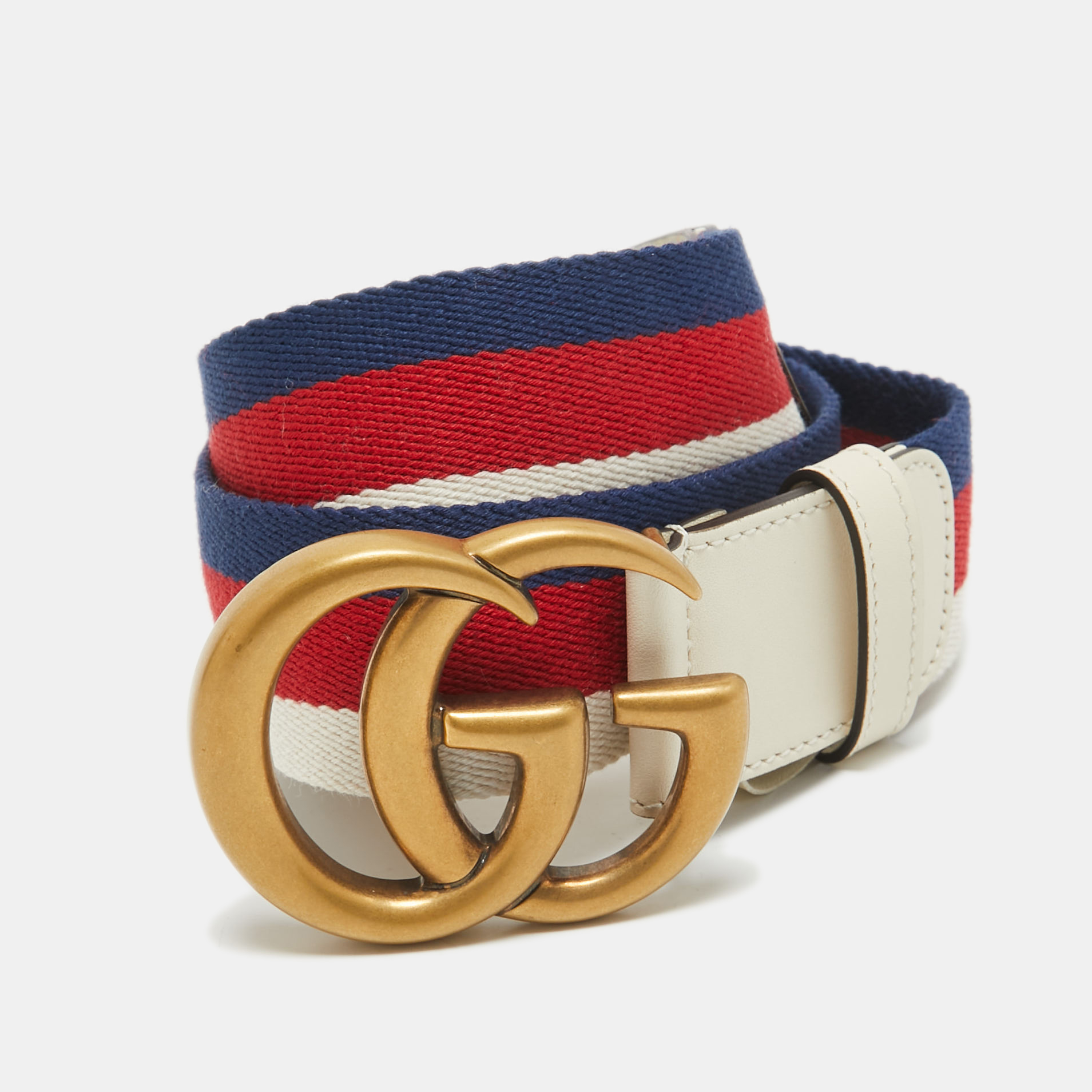 

Gucci White Web Canvas and Leather GG Marmont Buckle Belt 90CM