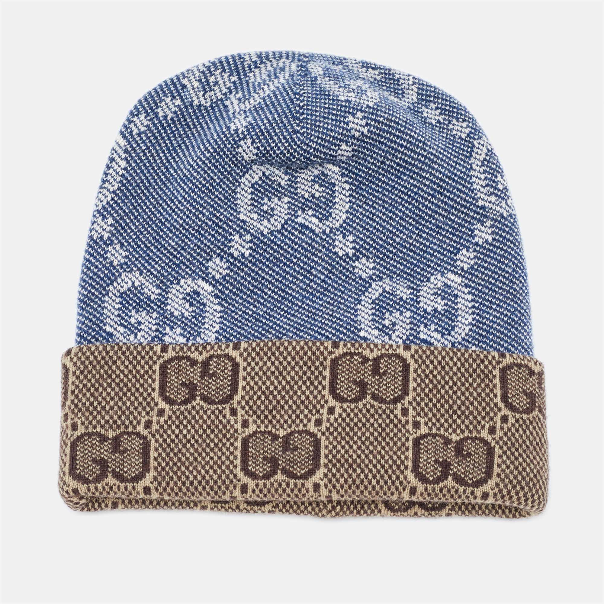 

Gucci Blue/Brown GG Jacquard Wool Knit Beanie Hat S