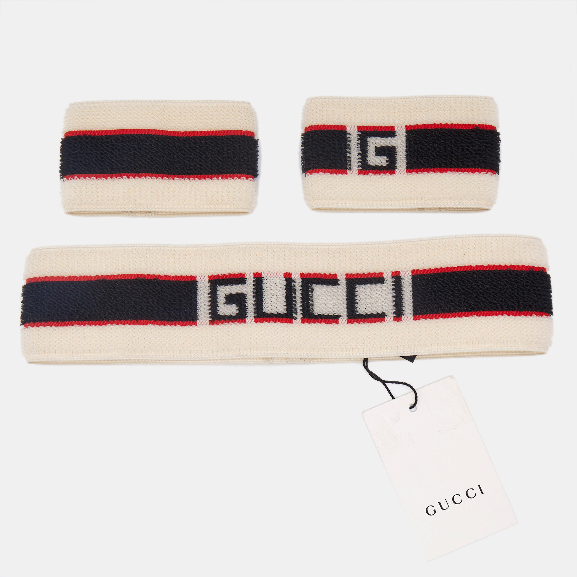 

Gucci Beige Logo Stripe Sports Headband & Wristbands Set M