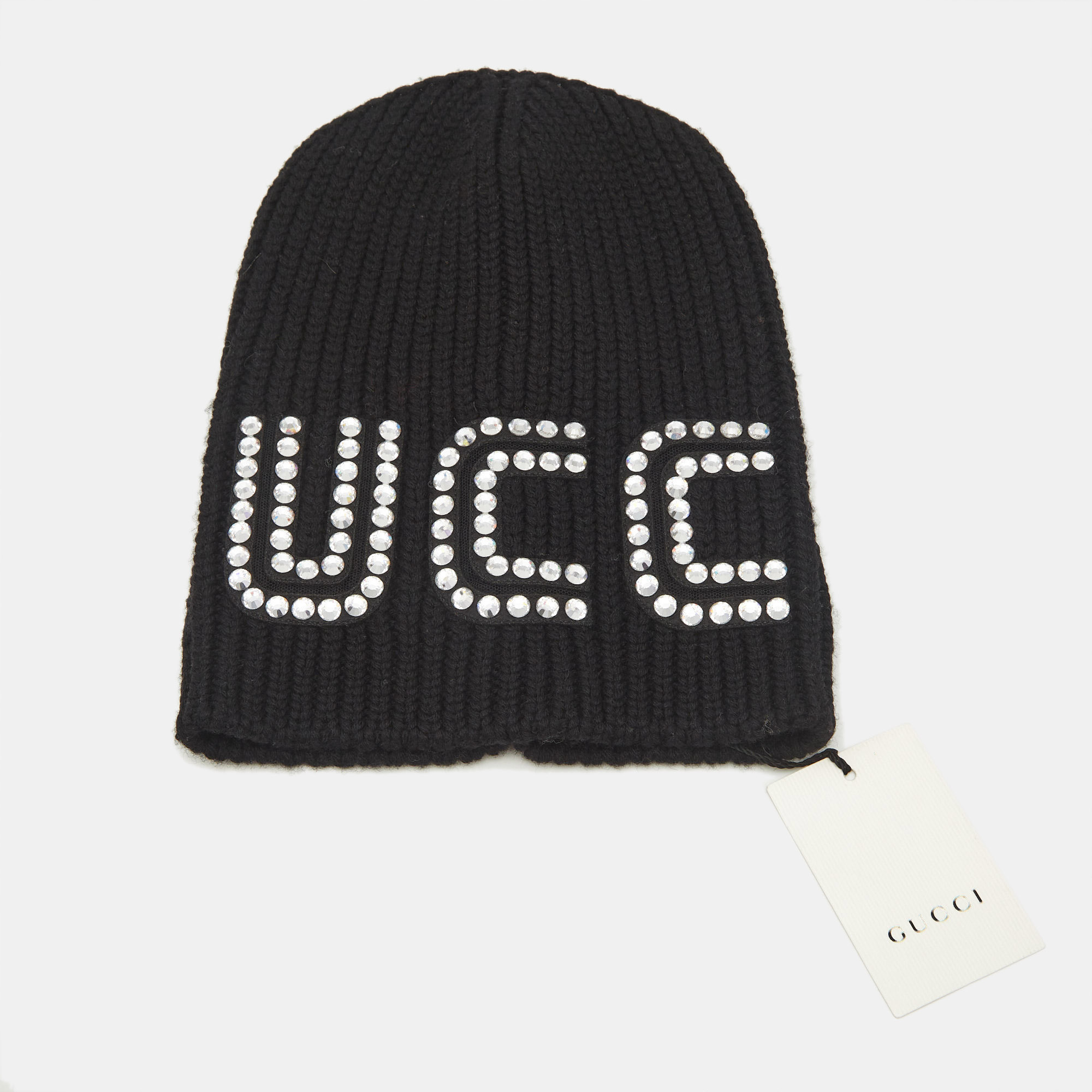 

Gucci Black Crystal Guccy Detail Rib Knit Beanie