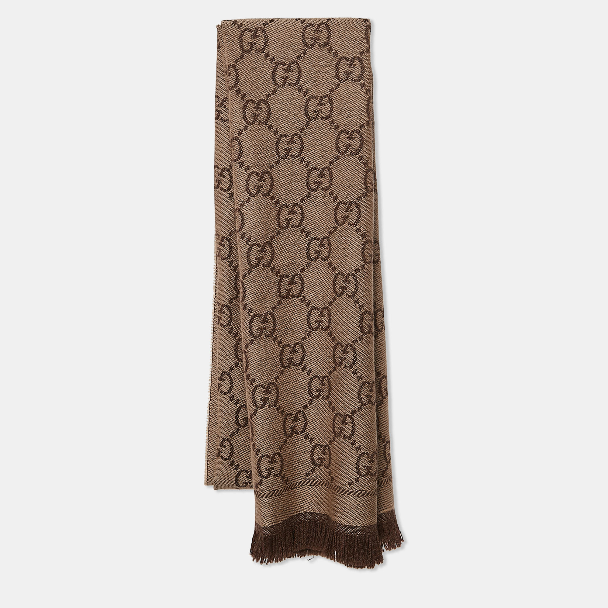 

Gucci Brown GG Jacquard Wool Frayed Edge Scarf