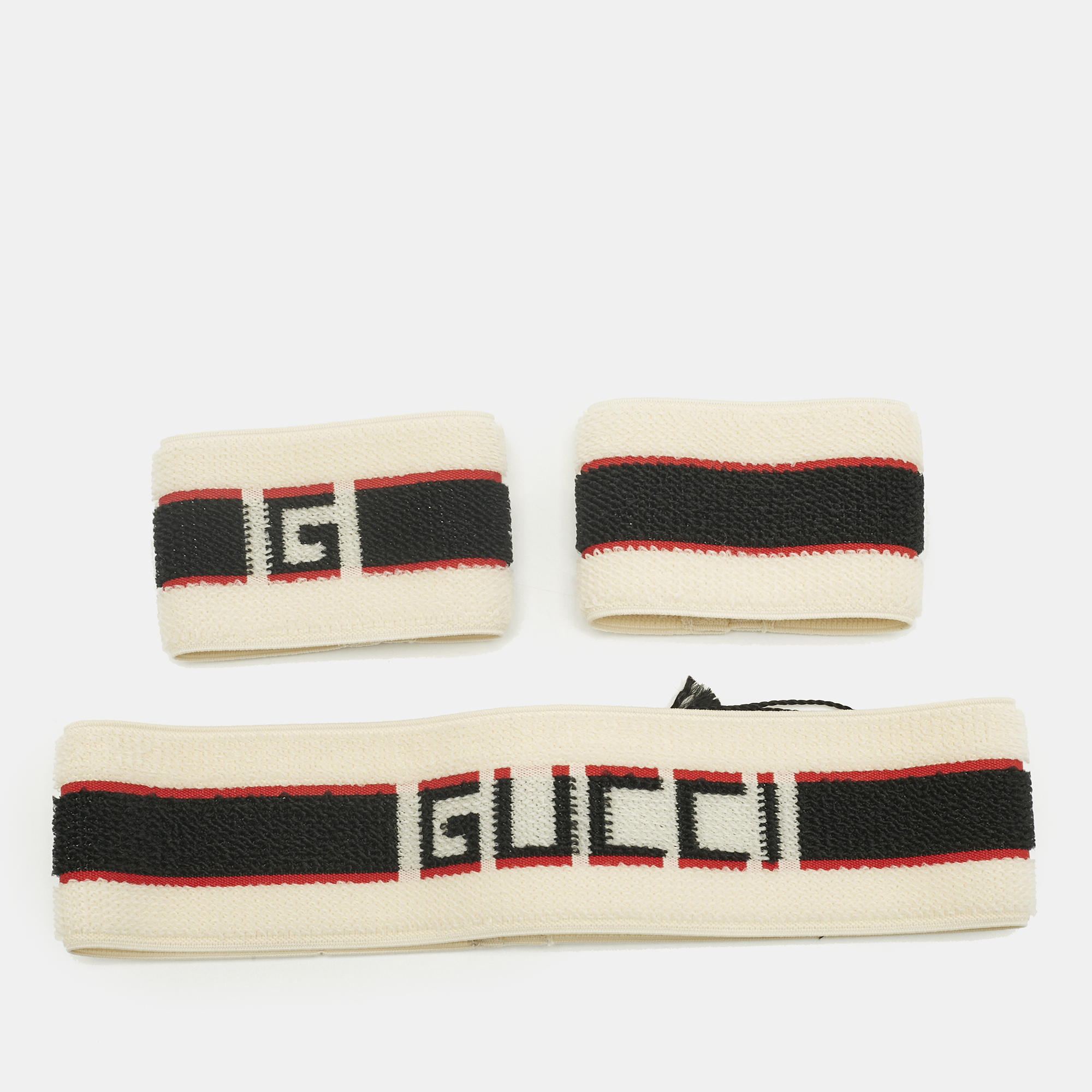 Gucci Beige Logo Stripe Sports Headband & Wristbands Set S