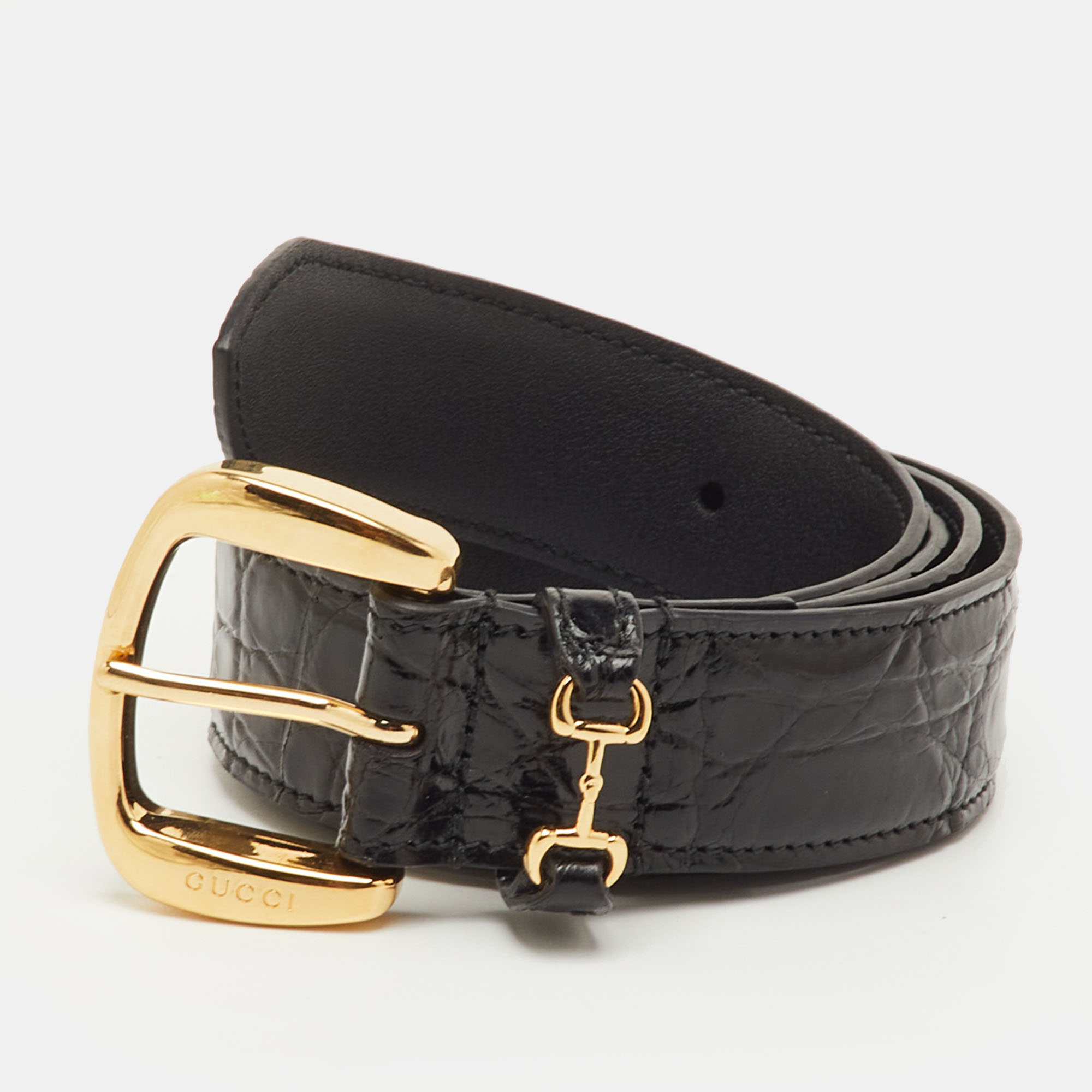 Pre-owned Gucci Black Croc Embossed Leather Buckle Belt 85cm