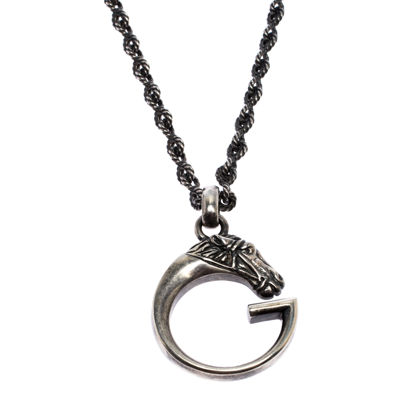 Pre Owned Gucci Ascot G Horsehead Silver Pendant Necklace