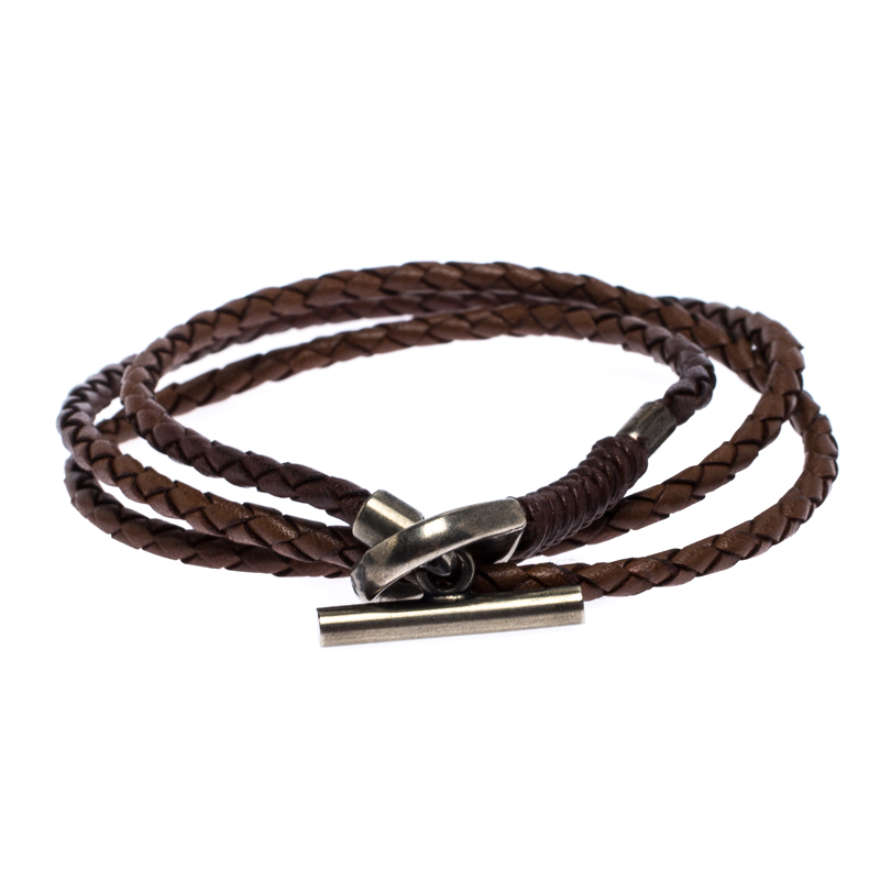 Pre Owned Gucci Brown Woven Leather Silver Wrap Toggle Bracelet
