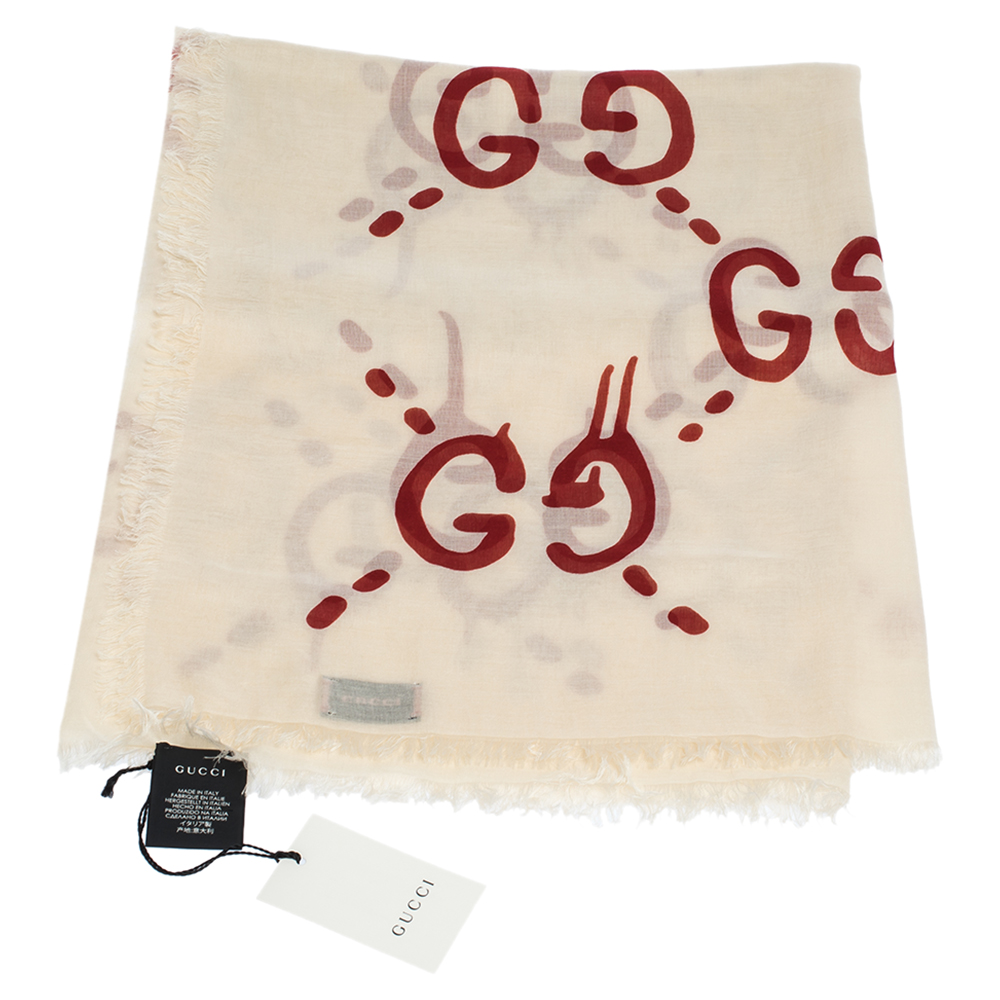 

Gucci Cream and Red GG Ghost Print Modal & Silk Blend Scarf