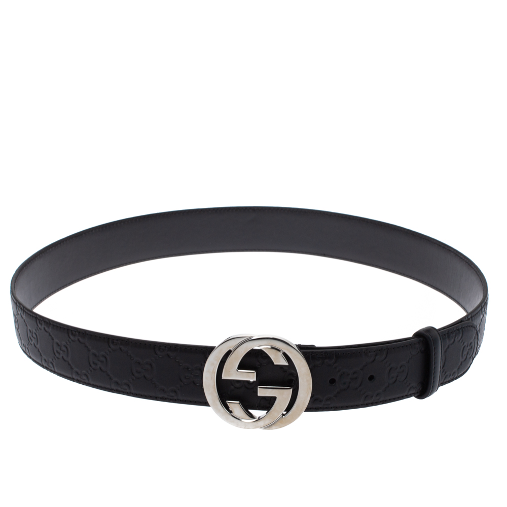 مملوكة مسبقًا Gucci Black Guccissima Leather Interlocking G Buckle Belt 85CM