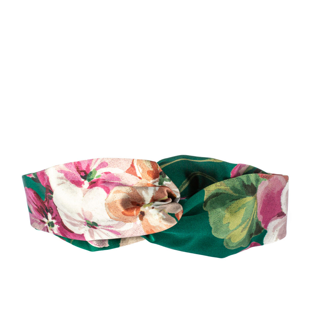 Pre-owned Gucci Green Blooms Print Silk Headband