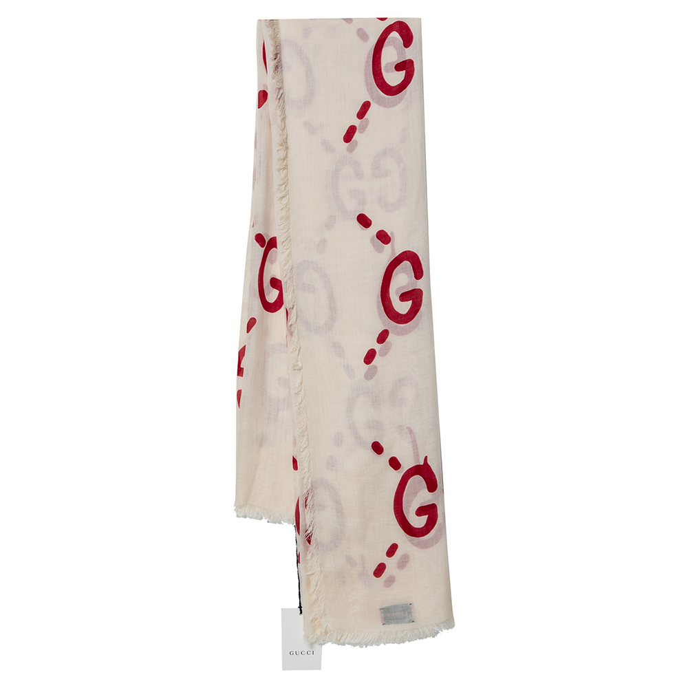 Pre-owned Gucci Ivory Gg Ghost Writers Silk & Modal Shawl In Cream
