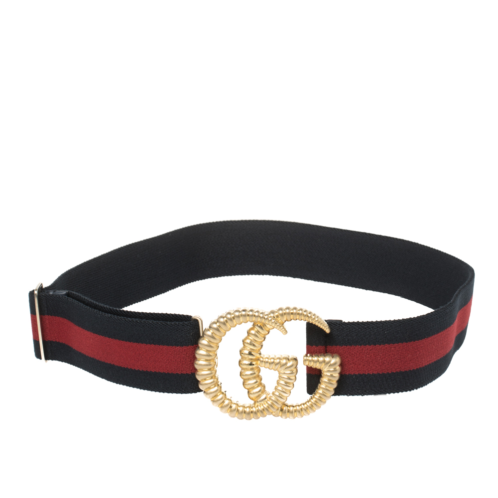 Pre-owned Gucci Navy Blue/red Web Elastic Torchon Double G Buckle Belt 75cm