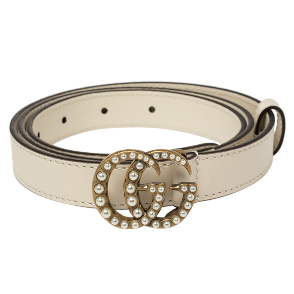 

Gucci Cream Leather GG Marmont Pearl Embellished Buckle Belt