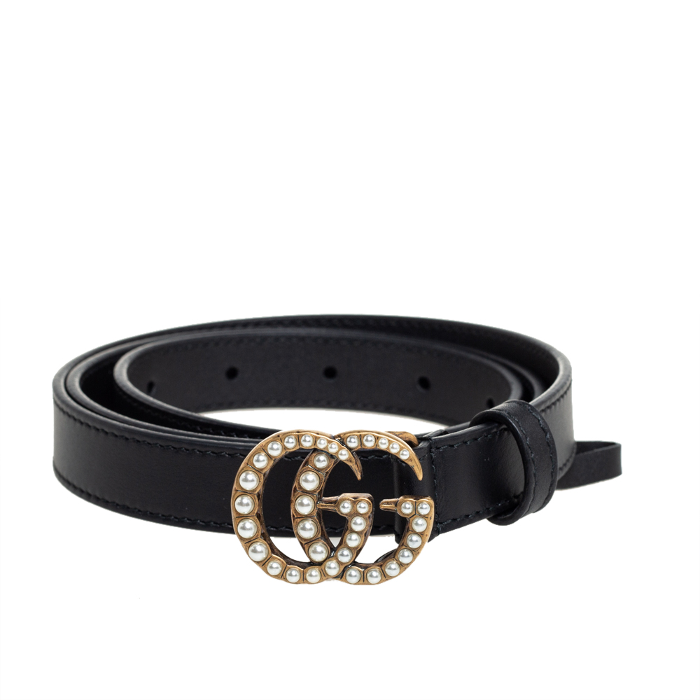 

Gucci Black Leather GG Marmont Pearl Embellished Buckle Slim Belt