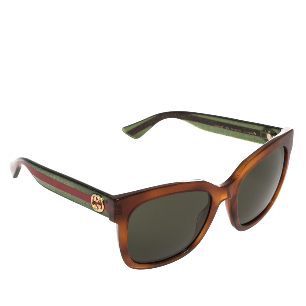 Pre-owned Gucci Brown/green Web Stripe Gg0034s Square Sunglasses